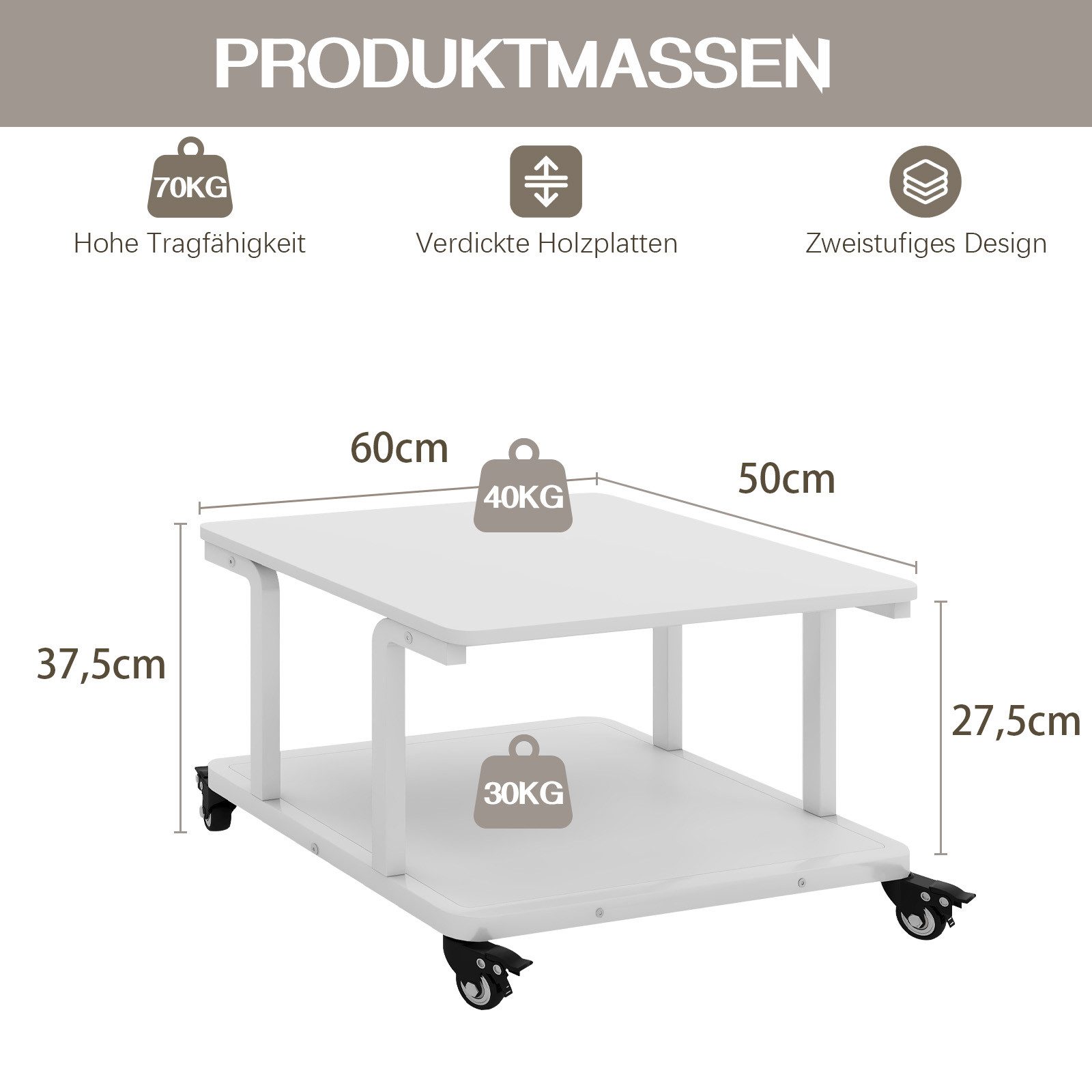 PUNCIA Druckertisch 2 Schichten 60x50cm Heim Büro mit Raddrucker Aufbewahrungshalter Tisch (1-St), Arretierbare 360°-Rollen, 70kg Tragkraft