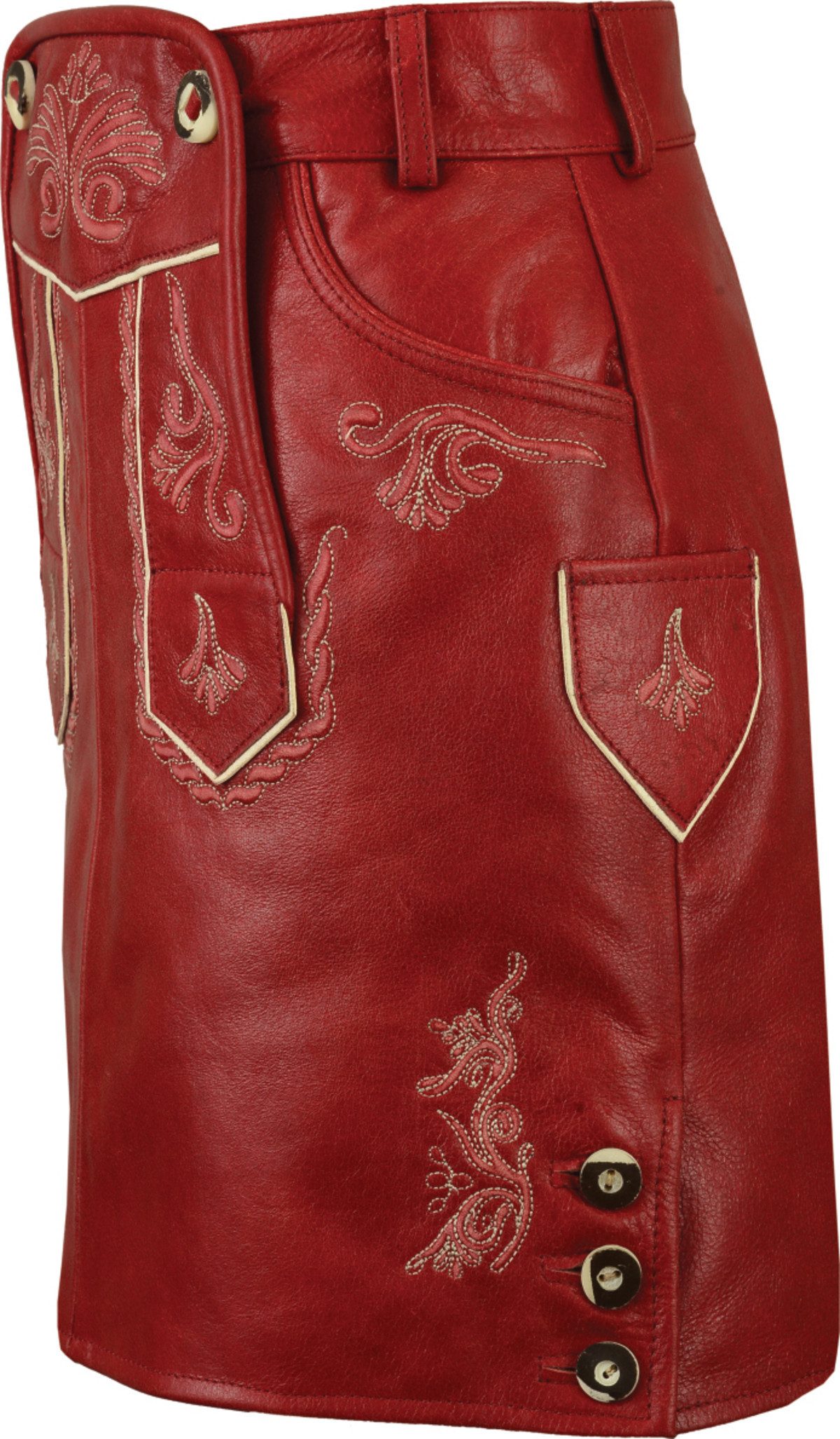 Fuente Leather Wears Trachtenrock Vintage Trachten Lederrock Damen, kurz, Nappa-Leder, rot schwarz antik Latz