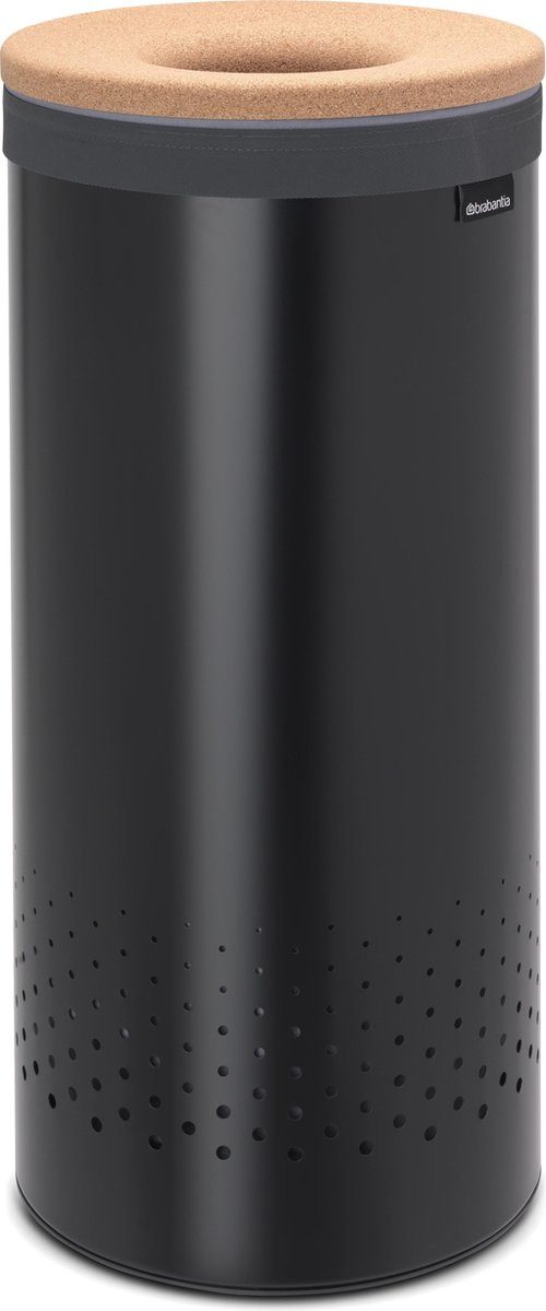 Brabantia Wäschekorb Waschkorb mit Deckel, 35 l, Matt Schwarz (1 St), Rund, 35 l, aus Stahl, Anti-Slip, mit Korkdeckel, belüftet, nicht stap
