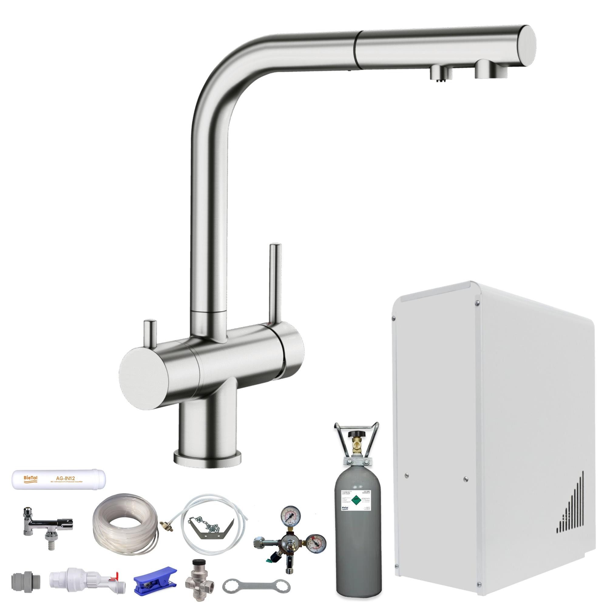 BieTal Wassersprudler Tafelwassergerät BieTal® BT-10U Sprudelwasser Zapfstelle Komplett Set, (Set, 6kg CO2 Flasche-tlg., 3-Wege Blanco Fontas Edelstahl ausziehbar 1-leitig), Sprudelwasseranlage Trinkwasser Wasserspender