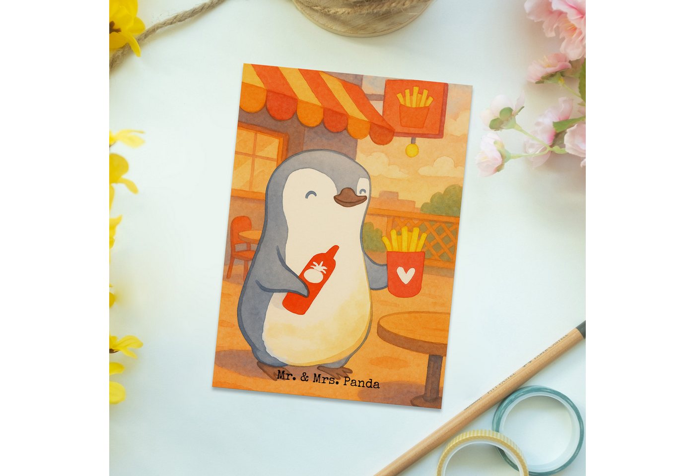 Thumbnail - Mr. & Mrs. Panda Postkarte Pinguin Pommes Design - Weiß - Geschenk, Geschenk für Partner, Postka, Glücksmomente teilen