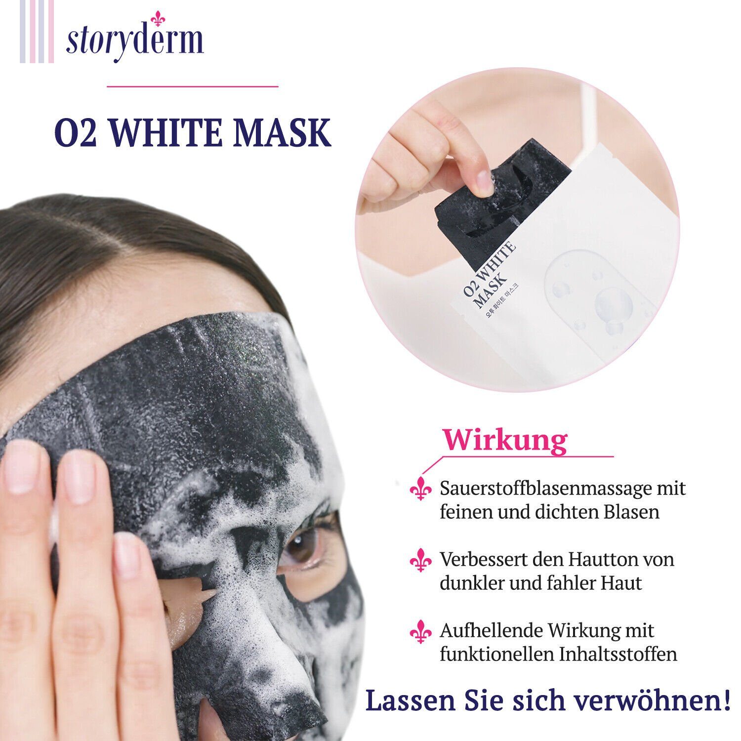 Storyderm 02 Gesichtsmaske Pflege NEUHEIT aus Premium O2 Storyderm WHITE WHITE, Gesichtsmaske 1-tlg. Korea Tuchmaske
