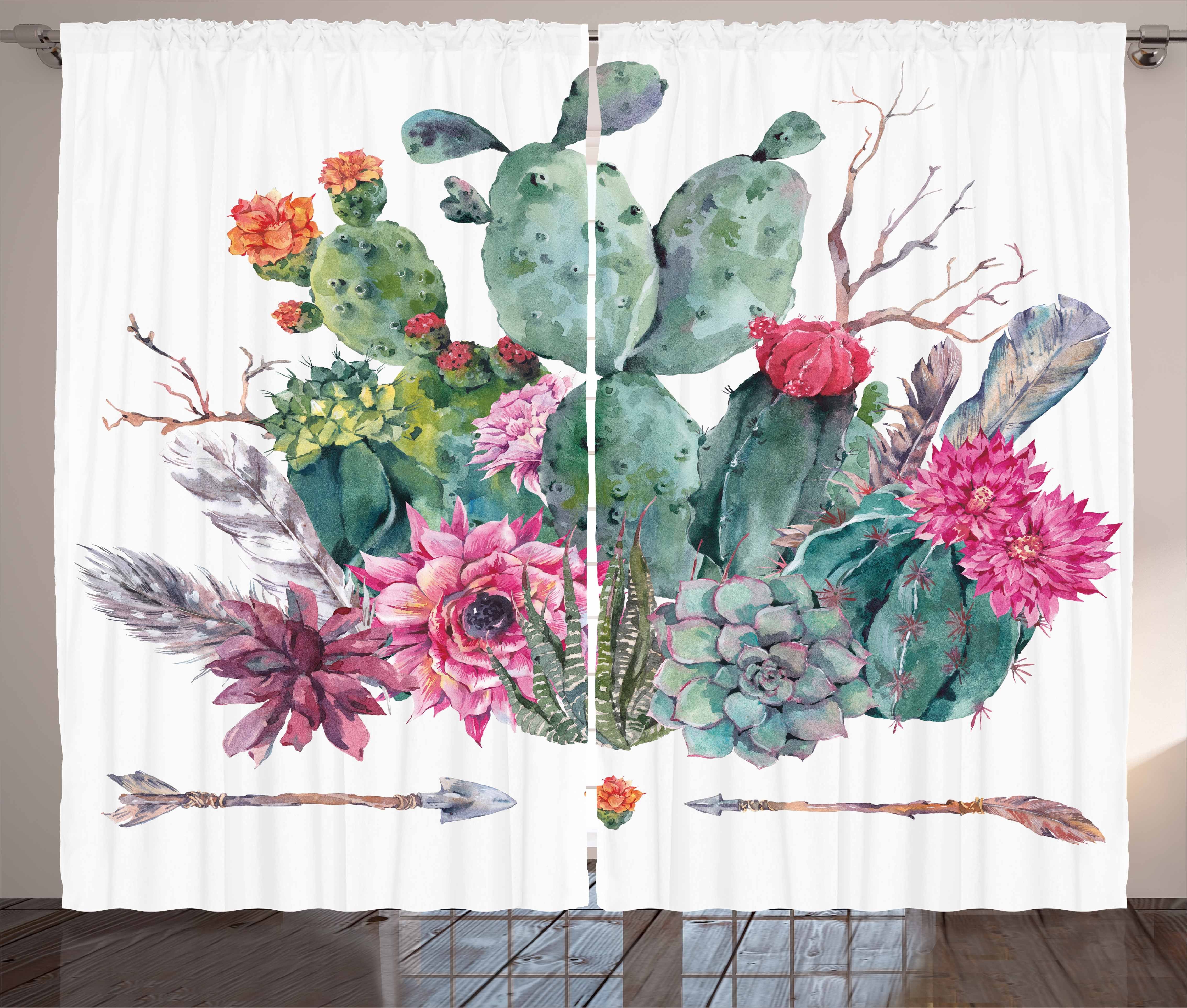 Gardine Schlafzimmer Kräuselband Vorhang mit Schlaufen und Haken, Abakuhaus, Kaktus Blumenstrauß in Boho Style-Pfeil