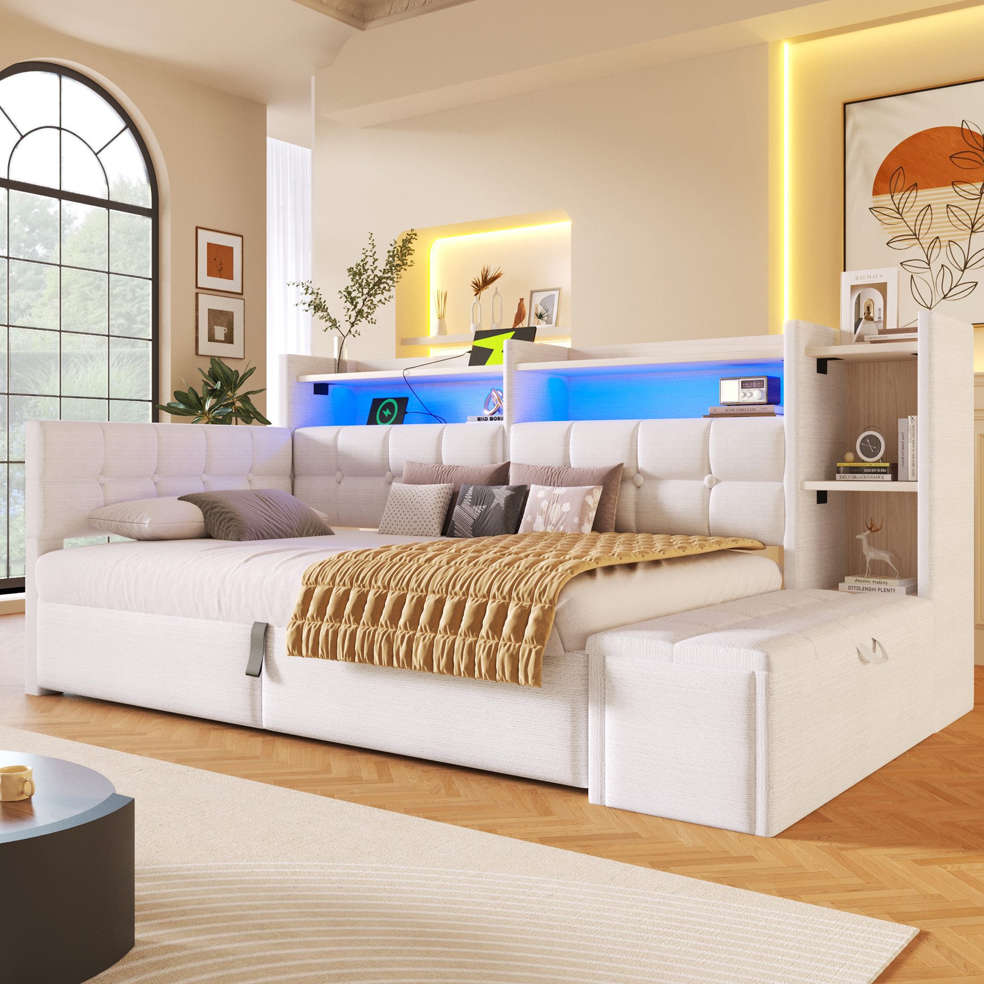 TavilaEcon Daybett Schlafsofa mit hydraulischer Lagerung, USB- und Typ-C-Anschlüssen (1 tlg), mit Ablagefach, Stauraumbank am Fußende, 140 × 200 cm, Weiß – Bild 3 von 5