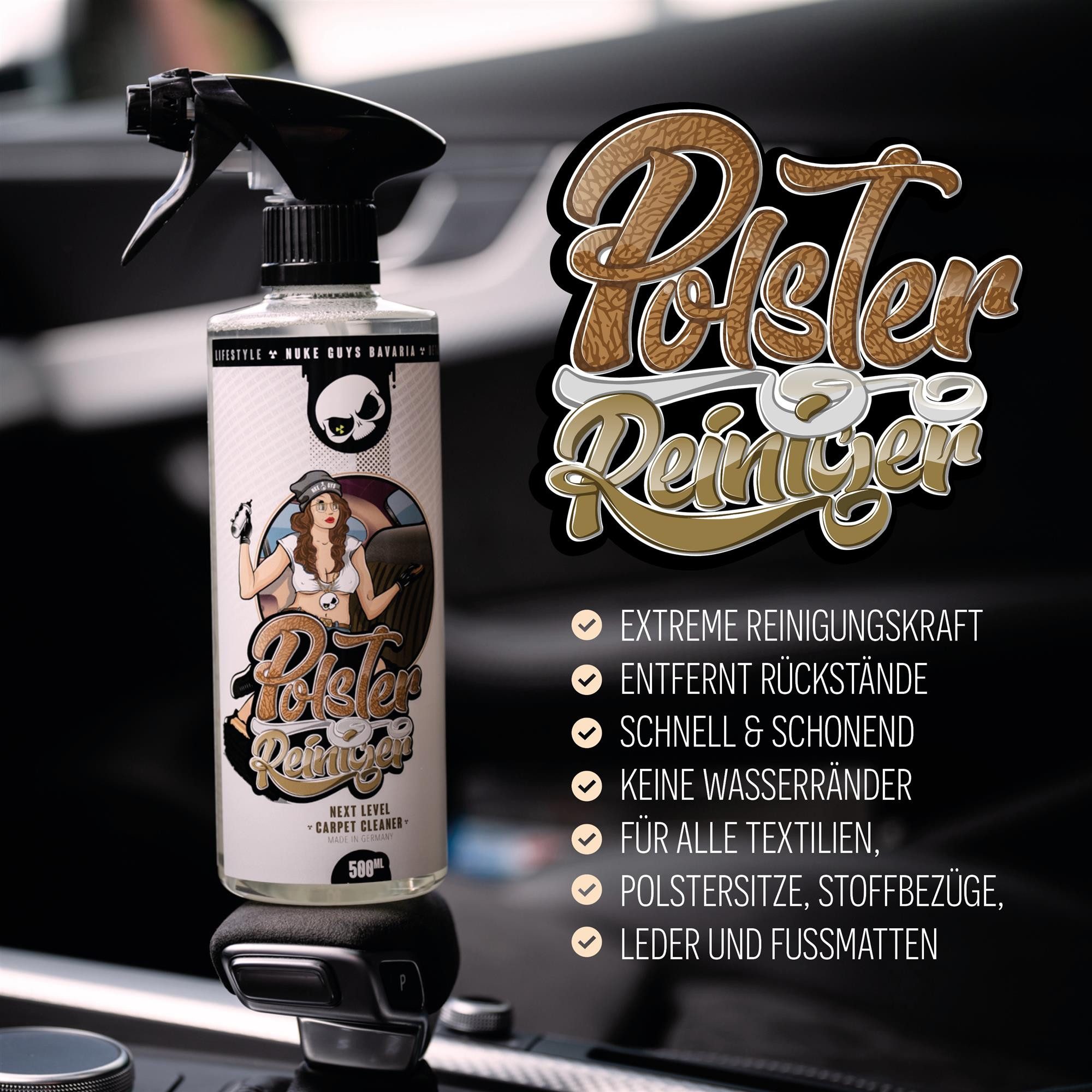 Nuke Guys Polsterreiniger 500ml + Sprühkopf, Leder- Alcantarareiniger Polsterreiniger (zur Reinigung von Autositze, Stoffbezüge, Leder, Schuhe)