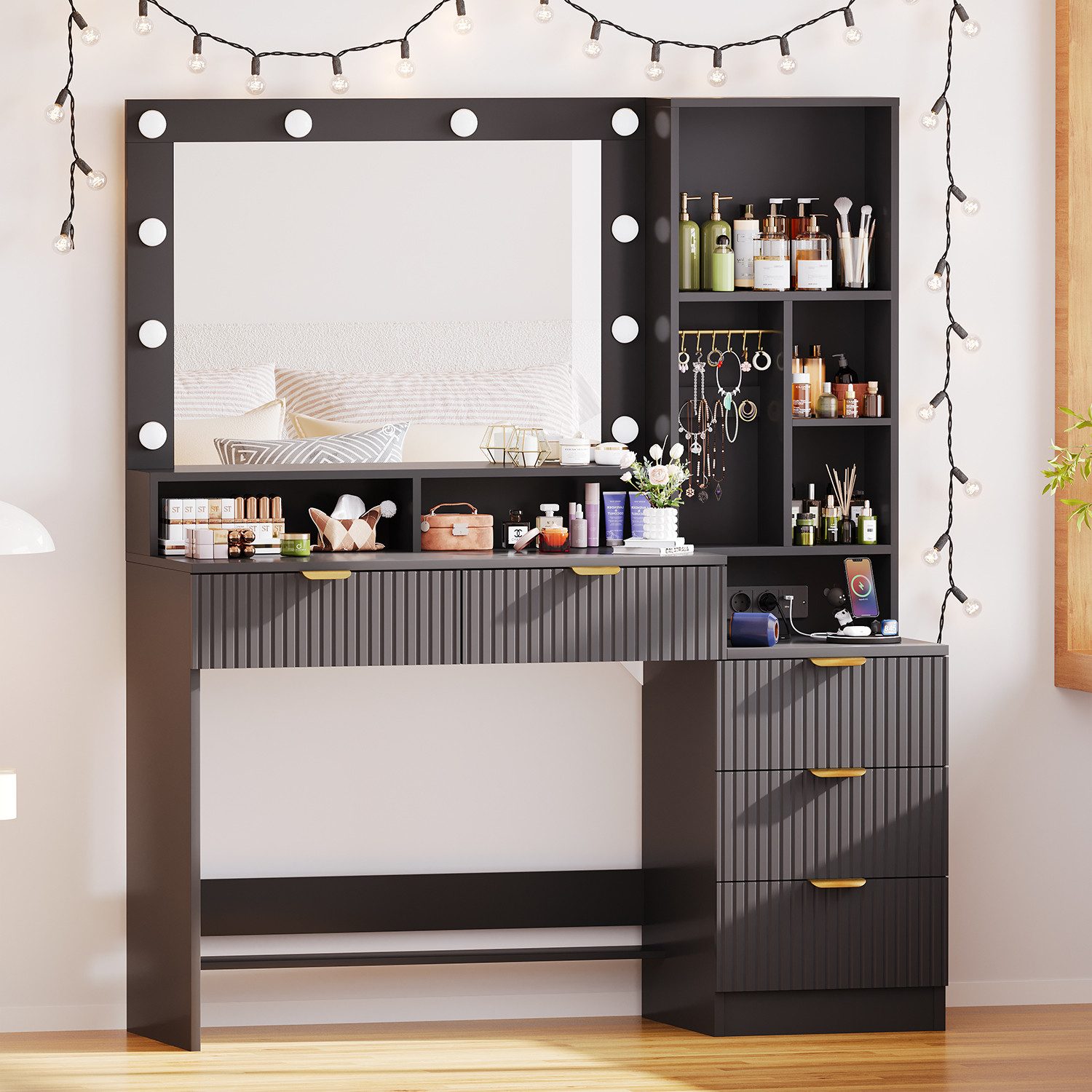 Furnicopia Schminktisch Einstellbare LED-Beleuchtung Fünf Schubladen günstig online kaufen
