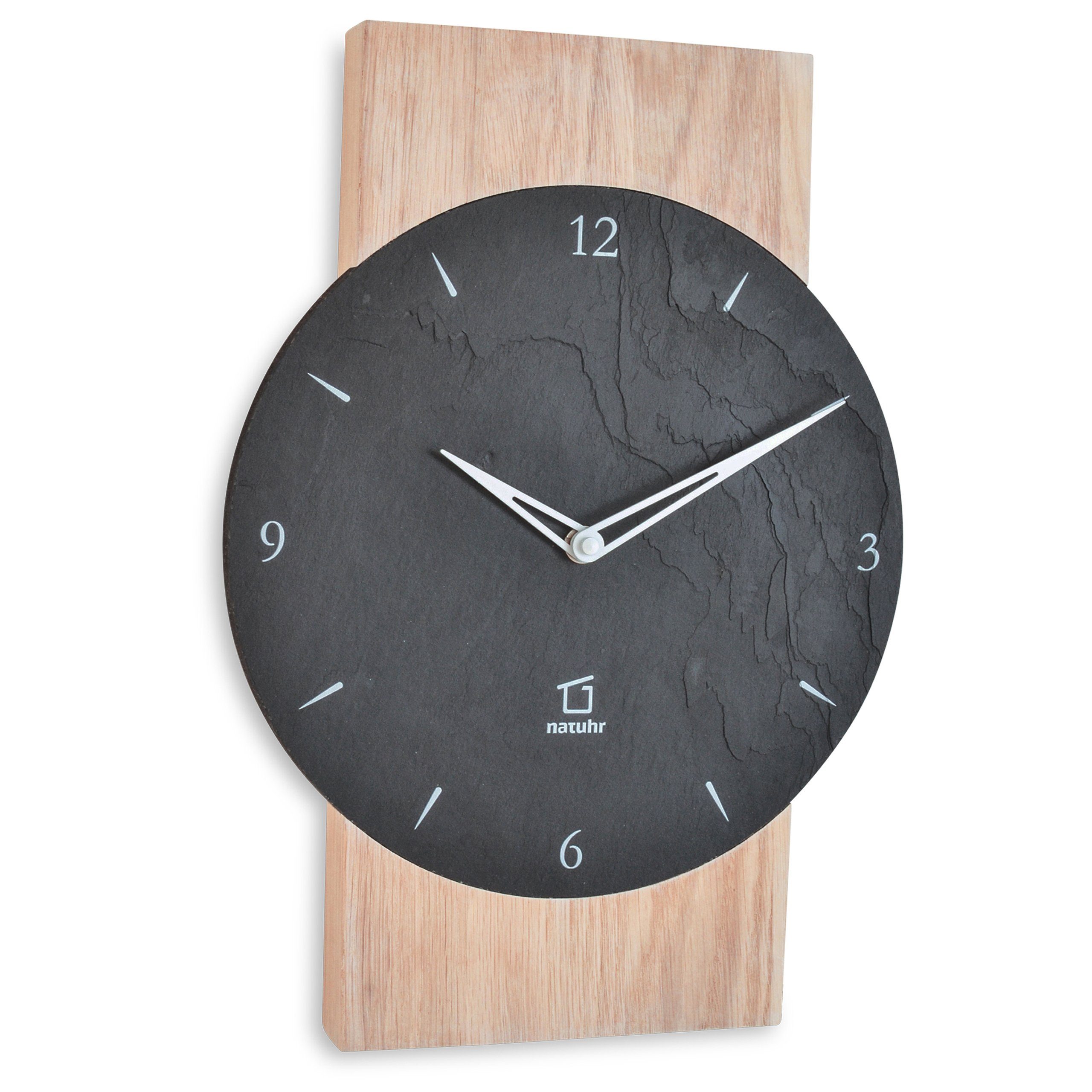 Natuhr Funkwanduhr Natuhr Wanduhr - Watzmann - Holz Eiche Schiefer Stein geräuscharm (geräuscharmes Quarz-Uhwerk oder ganggenaues Funkuhrwerk)