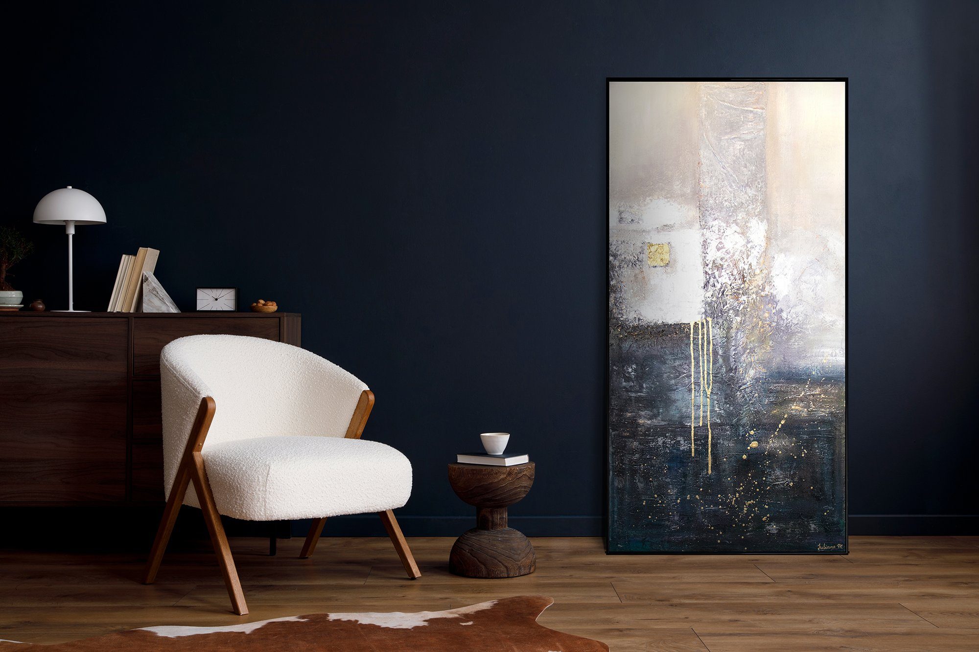 auf Abstrakt, Blau Handgemalt Fragmente, Gold in Weiß Gemälde Rahmen Bild YS-Art Abstraktes Leinwand Mit Schwarz