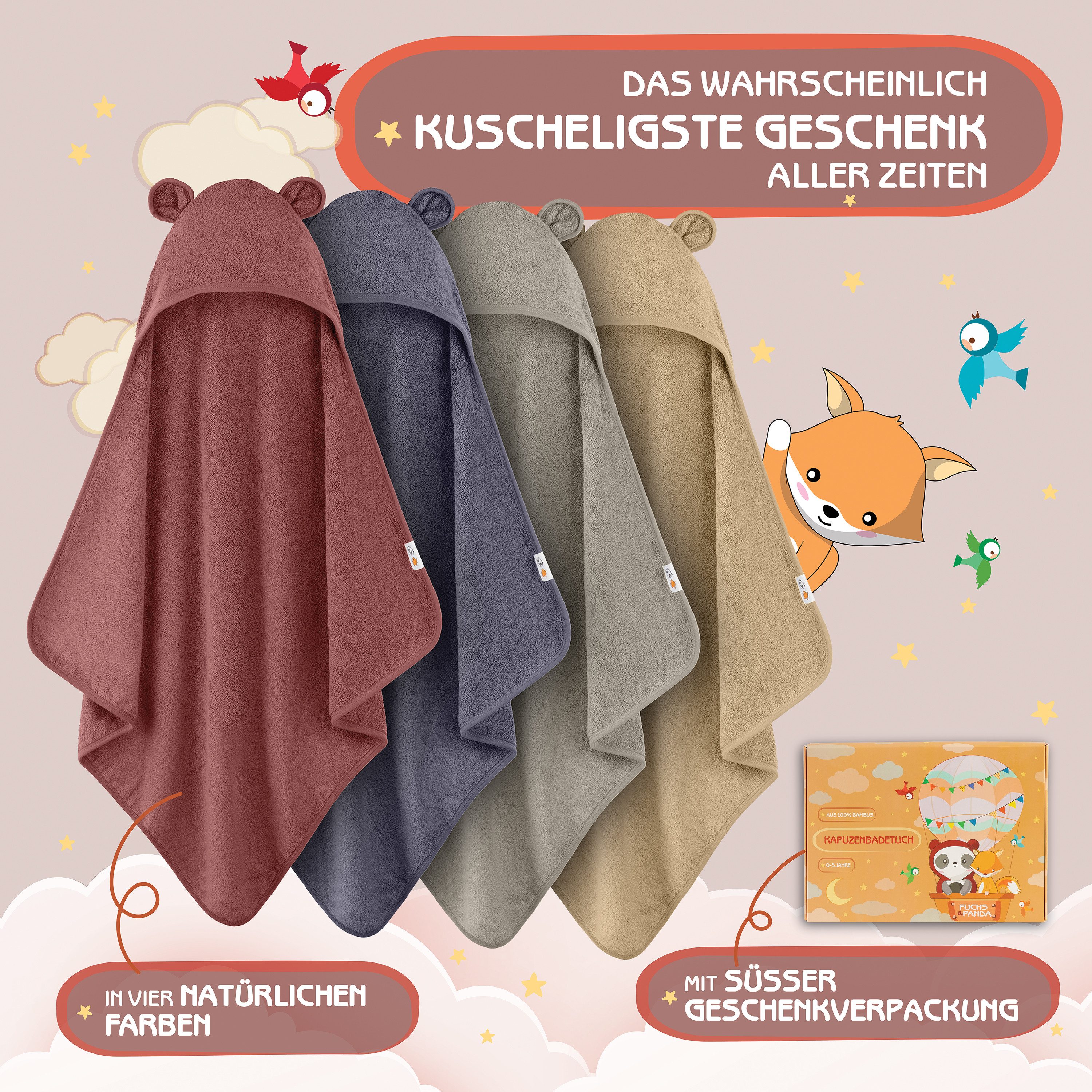 Fuchs & Panda Kapuzenhandtuch Kapuzenhandtuch Baby EXTRA dick, warm & weich aus 100% Bambus, 100% Bambus: Antimikrobiell, Atmungsaktiv, Hypoallergen, Superweich