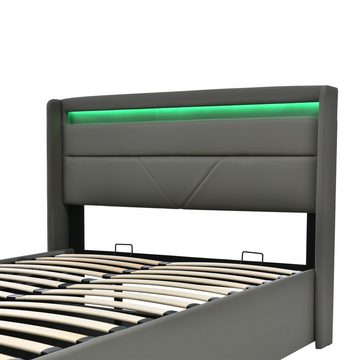 Ulife Polsterbett Doppelbett Hydraulisches Stauraumbett mit LED-Beleuchtungsleiste, 140 × 200cm