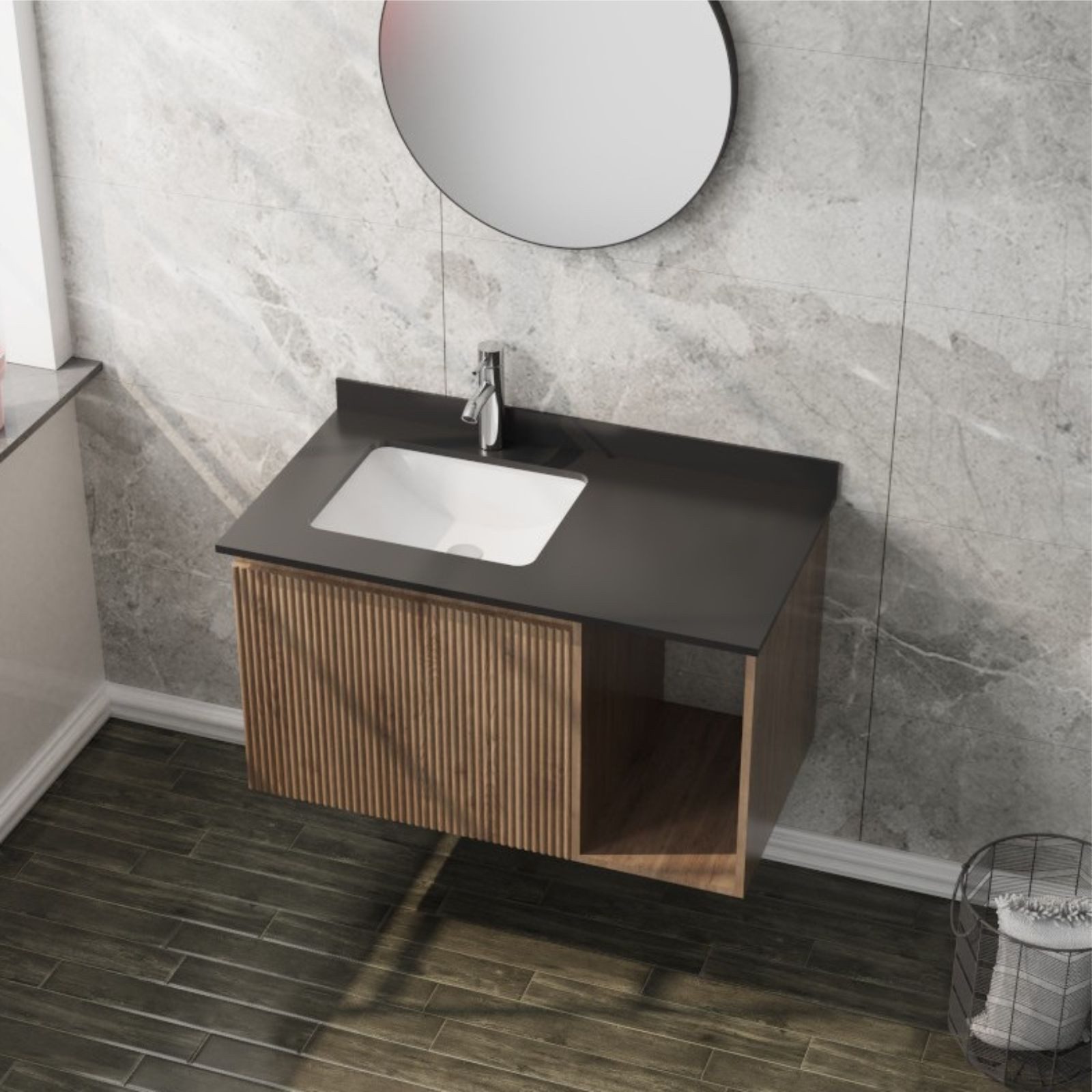 Badmöbel-Set 2in1, Waschtischunterschrank KENT WOOD 900 inkl. Unterbauwaschtisch, (Waschtischunterschrank, Waschtischplatte, Unterbauwaschtisch), 2-teilig Waschtischkombi wandhängend Softclose Hängeschrank Badezimmer