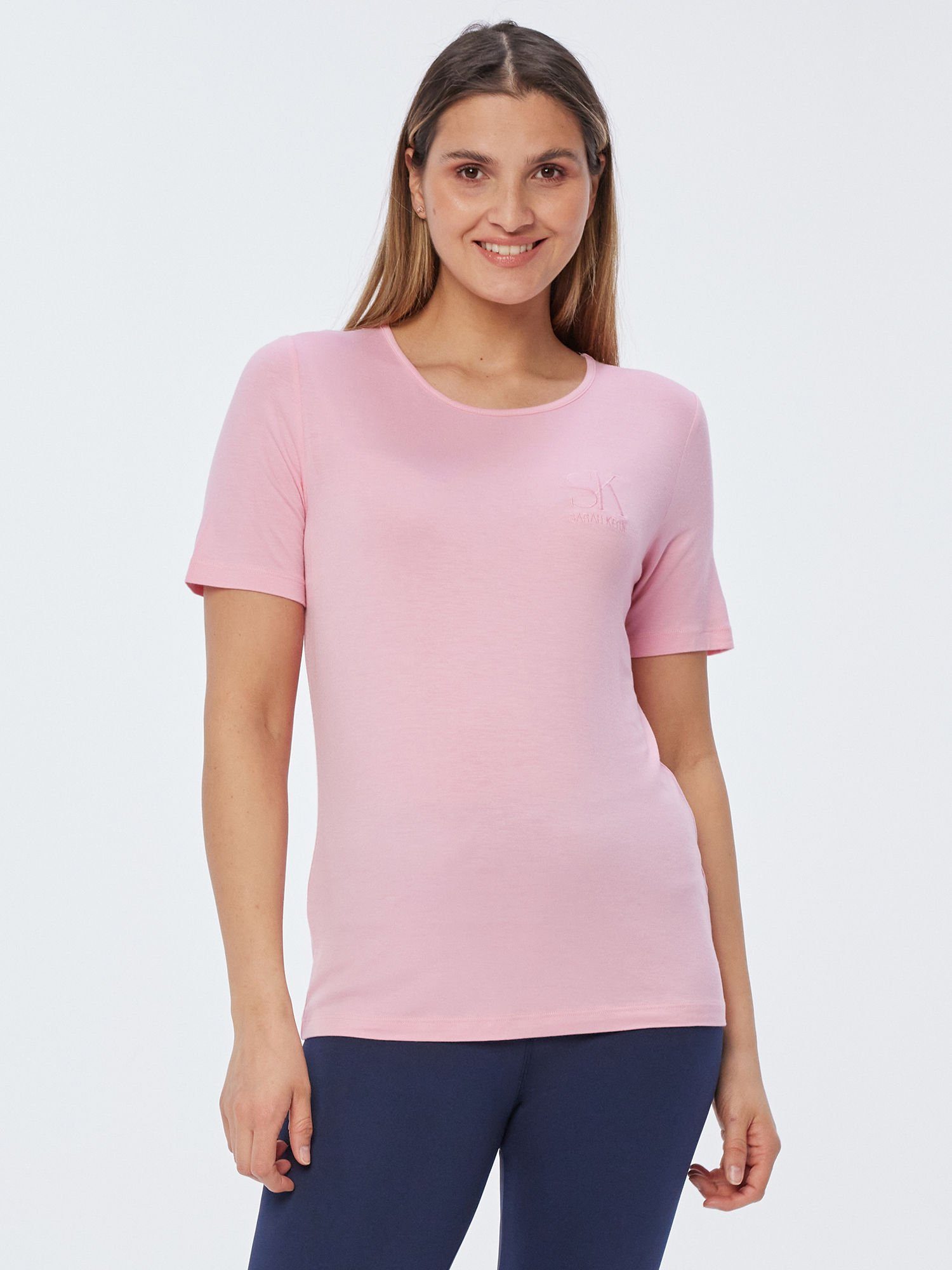 Sarah Kern Langarmshirt Rundhalsshirt koerpernah (Set, 2er Pack) mit Logo-Stickerei