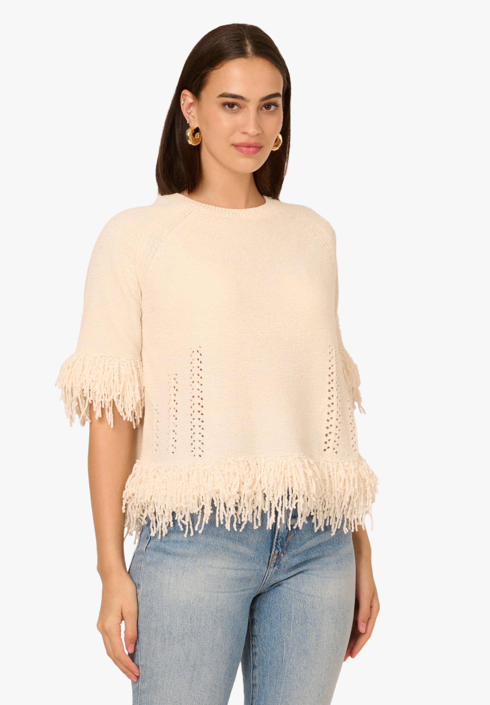 Adrianna Papell Stricktop Crew Neck Raglan Elbow Sleeve Fringe Edge Sweater Modern, klassisch, stilvoll