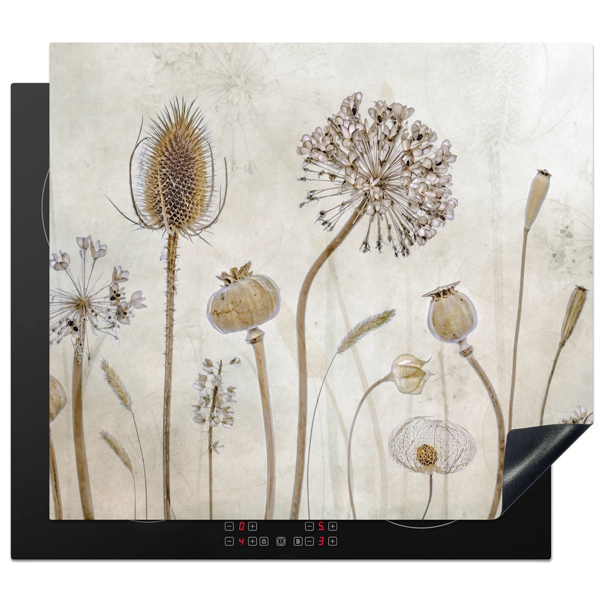 MuchoWow Herdblende-/Abdeckplatte Blumen - Aquarell - Stilleben - Braun - Vintage, Vinyl, (1 tlg), 59x51 cm, Induktionsschutz, Induktionskochfeld, Ceranfeldabdeckung