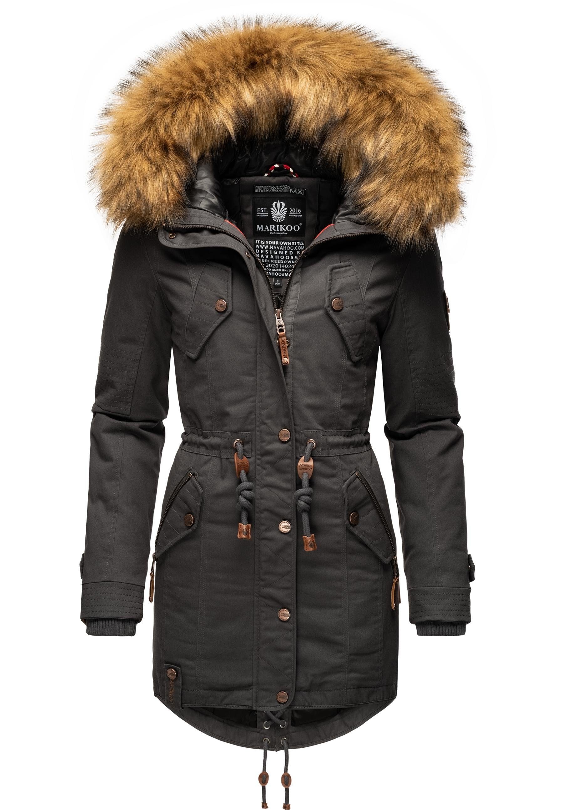 Marikoo Wintermantel La Viva Prc stylischer Winterparka mit abnehmbarem  Kunstfell, Edler Winter Mantel mit großer abnehmbarer Kunstfell Kapuze | Outdoormäntel