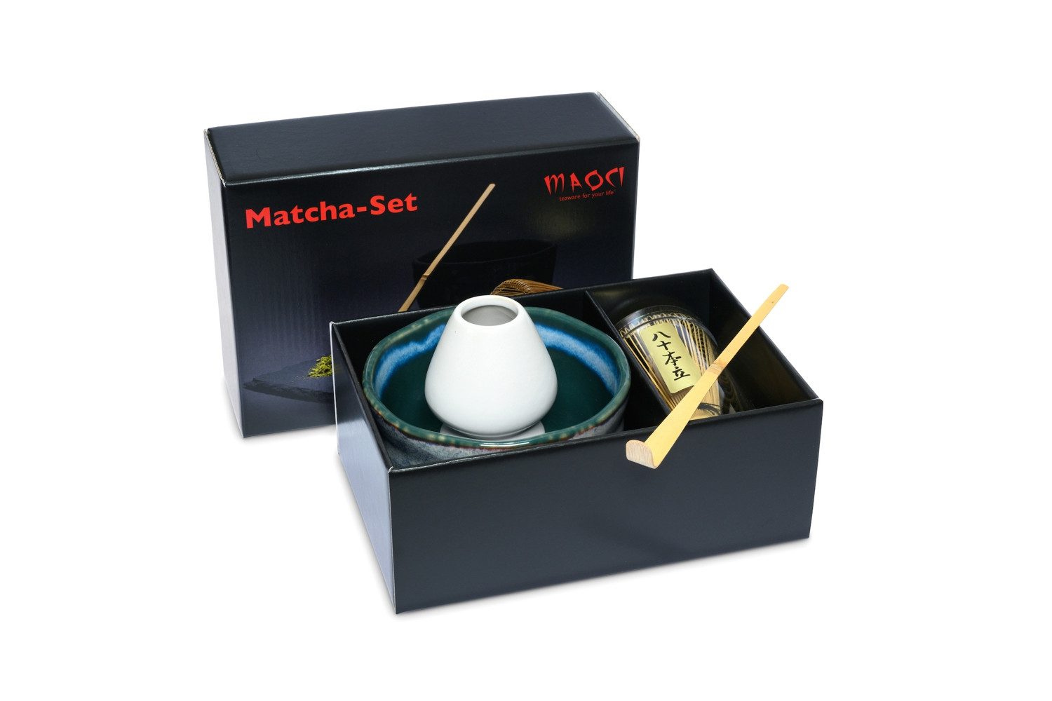 MAOCI teaware for your life Teeschale Matchaset Premium blau marmoriert Besen Löffel Besenhalter, 4-tlg. Set