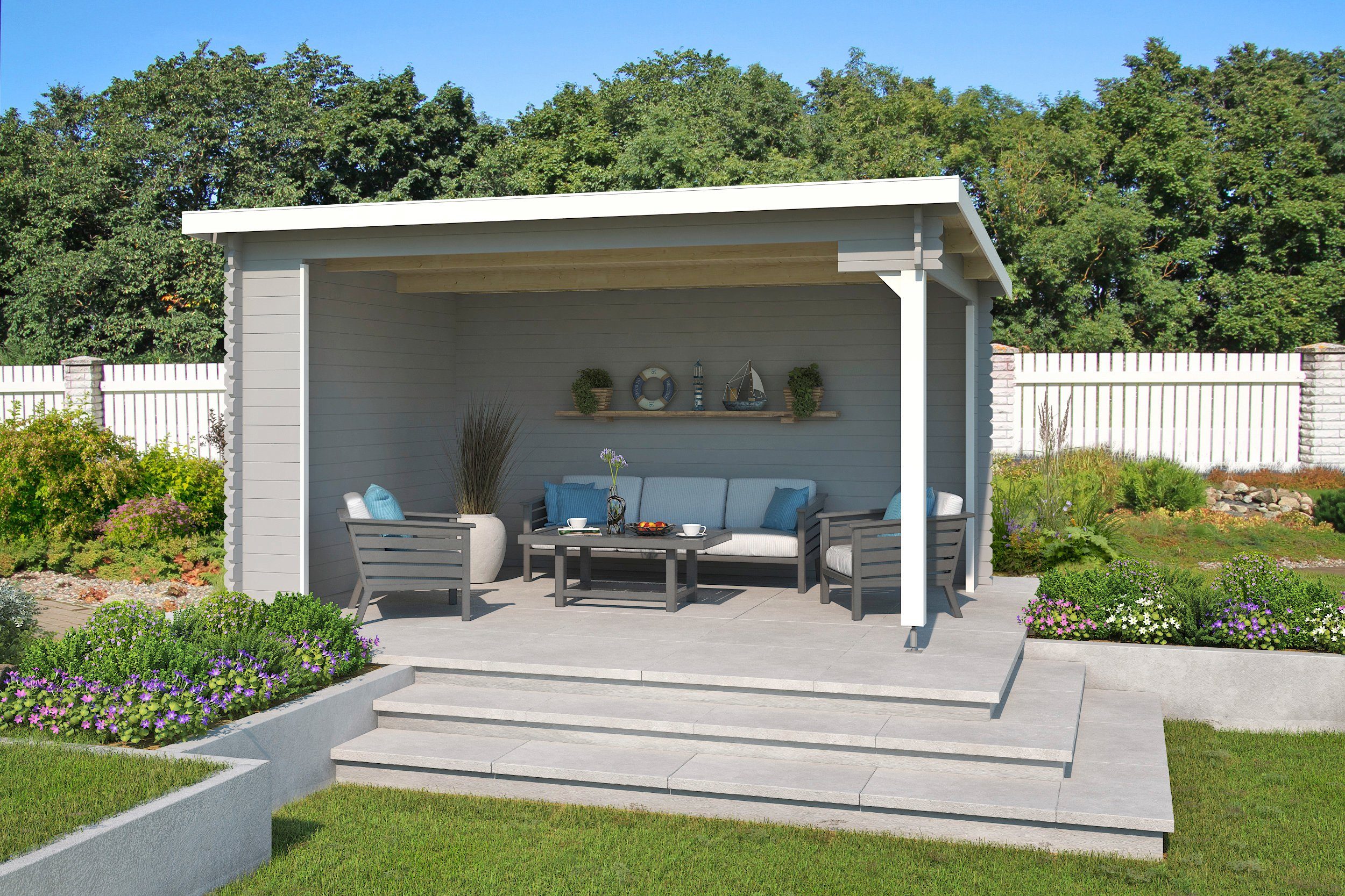 LASITA MAJA Gartenhaus Unterstand Columbus, BxT: 445x349 cm, Unterstand / Lounge 34mm, Fundamentmass 4250x3000, Lichtgrau
