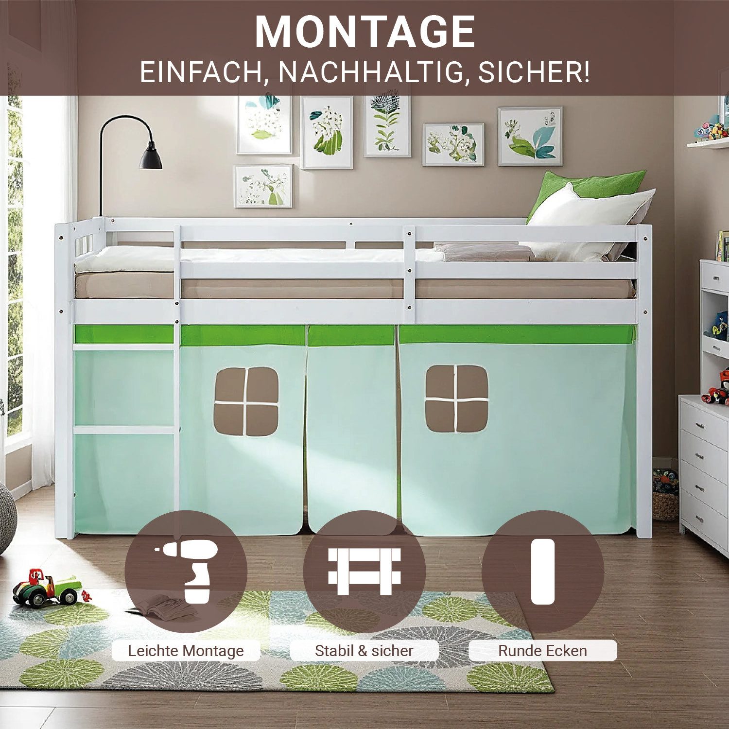 Homestyle4u Hochbett Kinderbett 90x200 Spielbett Massivholz Kiefer Jungen Weiß Grün Vorhang (Komplett-Set mit Lattenrost, Matratze mit OEKO-TEX® Standard 100) mit Rausfallschutz, Jungen