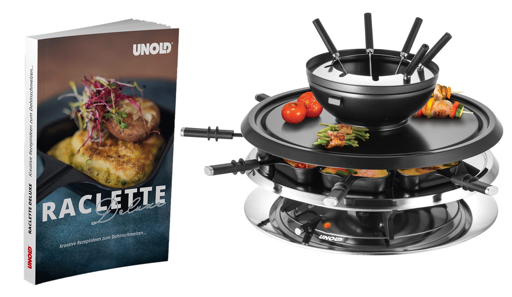 Unold Raclette Multi 4 in 1 inklusive Raclette Buch, 8 Raclettepfännchen, mit Fonduetopf abnehmbare Grillplatte antihaftbeschichtet