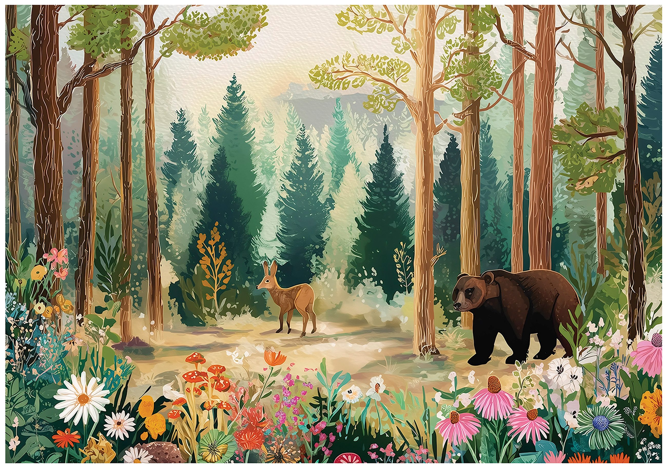 Wallarena Fototapete Kinderzimmer Wald Natur Bär Kinder Vlies Tapete Wandtapete, Glatt Vlies Washable, Wald, Bär, Natur, (Packung, 2 St., Vlies Fototapete), Vliestapete Wald Natur Bär Kinderzimmer Tapete + Kleister Motivtapete