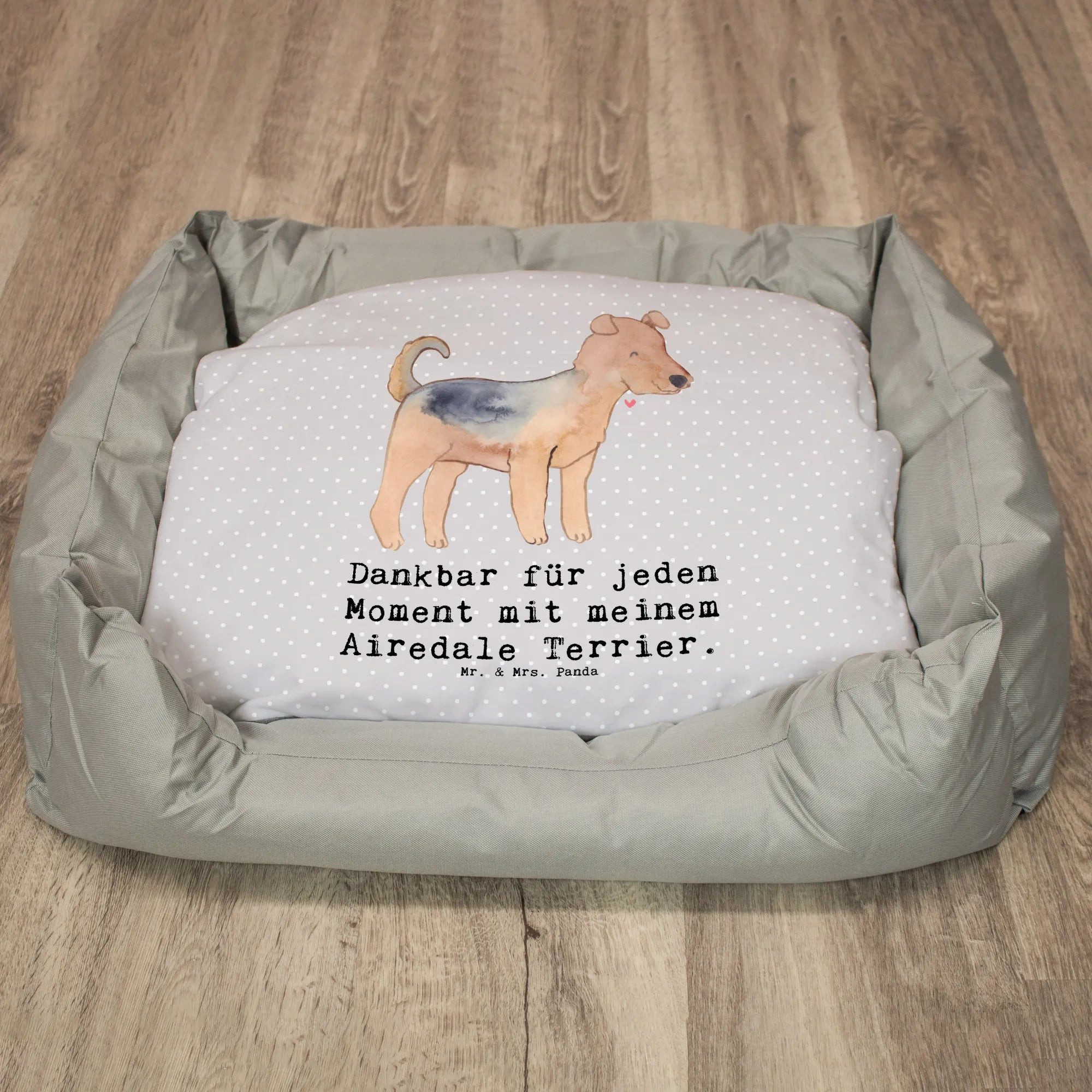 Thumbnail - Mr. & Mrs. Panda Tierbett Airedale Terrier Moment - Grau Pastell - Geschenk, Körbchen, Hundebes, Modernes Design