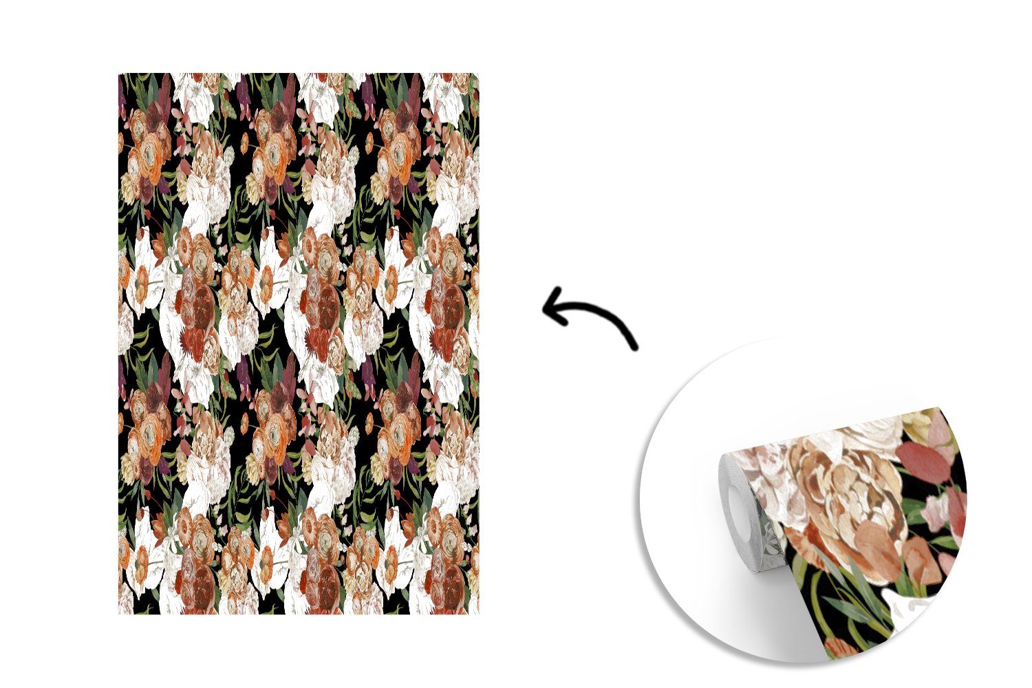 (3 Wohnzimmer, - Muster, Tapete Braun - St), Vinyl Matt, Wandtapete Montagefertig Fototapete bedruckt, für MuchoWow Blumen