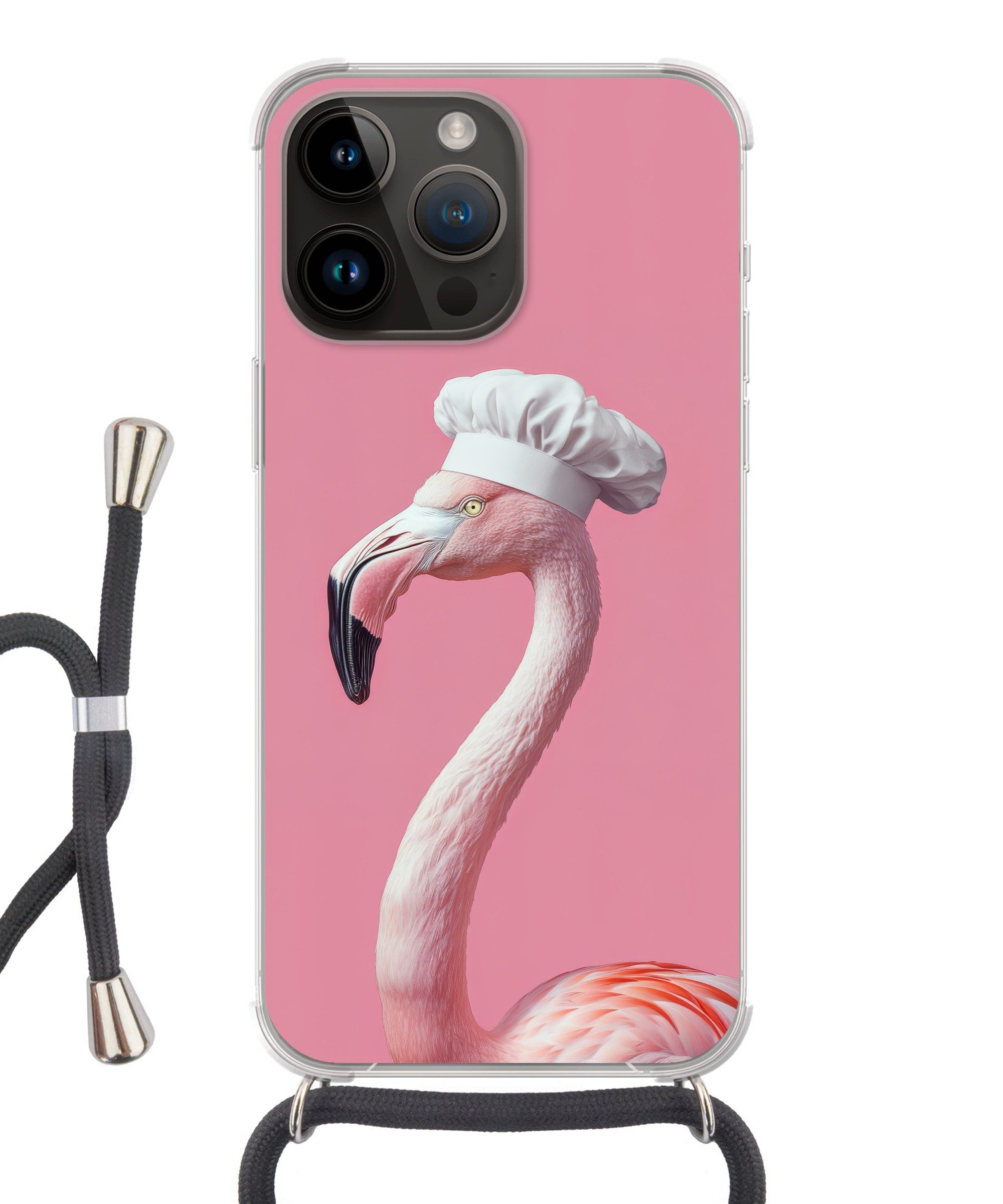 MuchoWow Handyhülle für Apple iPhone 14 Pro Flamingo - Rosa - Kochmütze - Vogel, Tragbare Handyhüllen mit Kette zum umhängen, Handykette Handyband