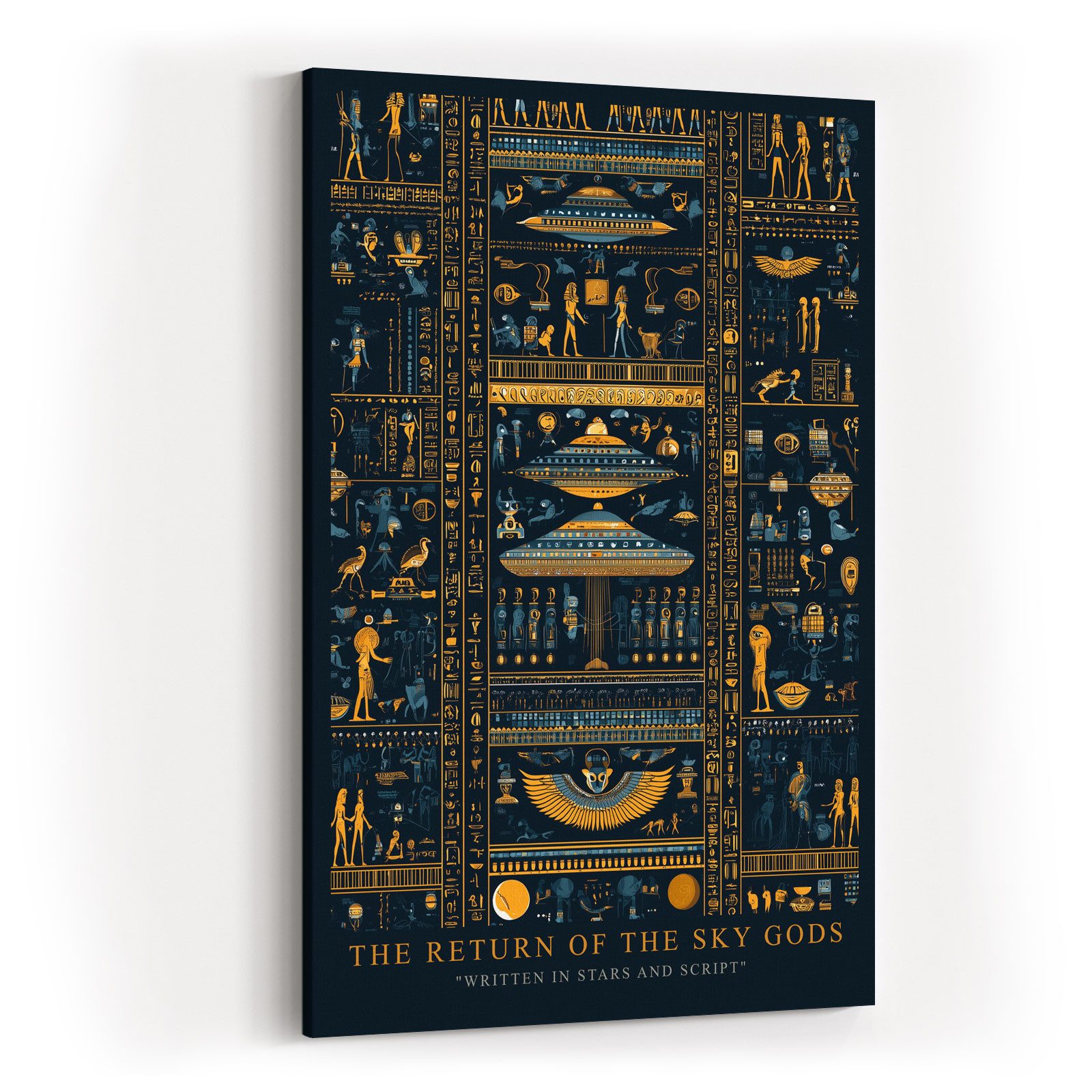 Sinus Art Leinwandbild UFO Ägypten Pharao Gold Blau Hieroglyphen Mystery Sci-Fi Modern Kunst