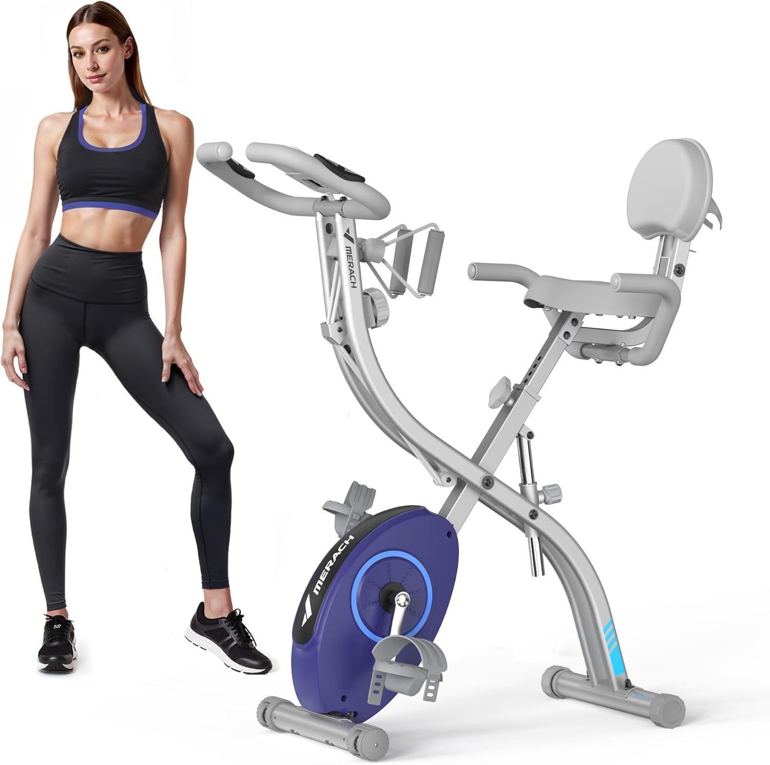 MERACH Fitnessbike Neu 4-in-1 Heimtrainer Fahrrad Klappbar, Extra Bequem & Leise, (mit 16 stufiger magnetischer Widerstand, Tabletständer, Fahrrad Senioren mit LCD Monitor, Pulsmessung, Kompatibel mit Kinomap), Indoor Bike, Фитнес-велосипеды, bis 136kg Belastbar Hometrainer Fahrrad