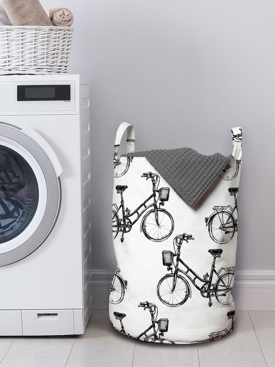 Wäschekorb Griffen Waschsalons, für Fahrräder Skizzieren Monochrome Muster Kordelzugverschluss Abakuhaus Wäschesäckchen mit