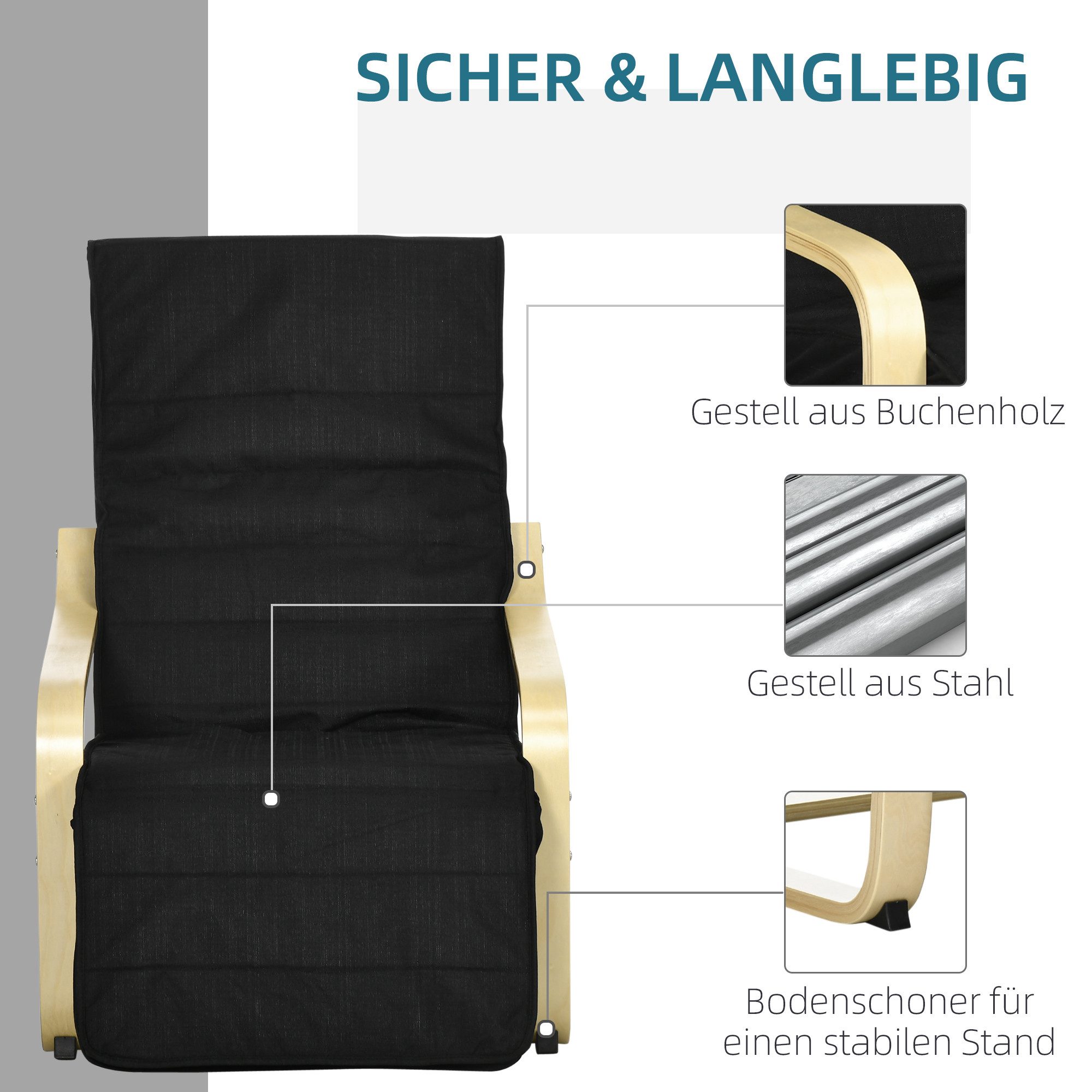 MODFU Esszimmerstuhl Relaxsessel Schwingstuhl (Relaxsessel Schwingstuhl mit 5-fach verstellbarem Fußteil, ergonomischer Sitzkomfort & stabiler Birkenholzrahmen)