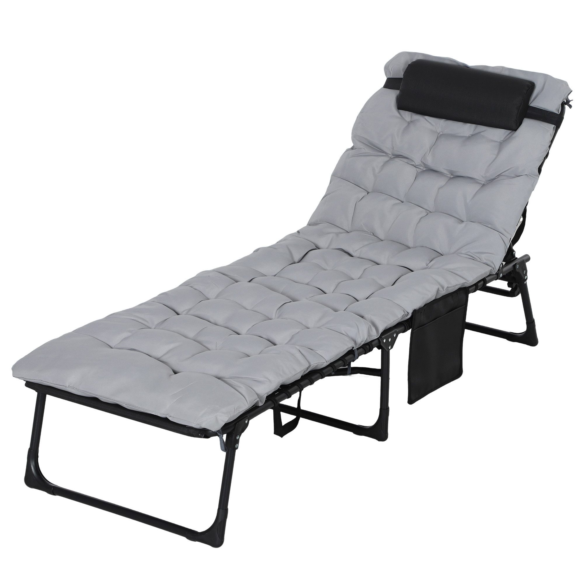 Outsunny Feldbett mit Tasche, Verstellbares Klappbett mit Kopfkissen für Garten, Balkon (Campingbett, 1-St., Feldbett) Hellgrau, Stahl, Polyester, 58 x 189 x 32,5cm