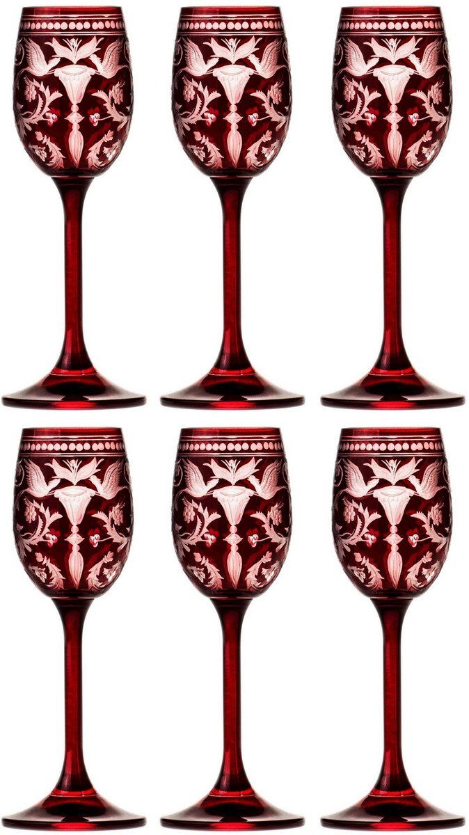 Likörbecher Luxus Likörglas 6er Set Rot / Silber Ø 5,5 x H. 15 cm - Handgefertigte und handgravierte Likörgläser - Hotel & Restaurant Accessoires - Luxus Qualität