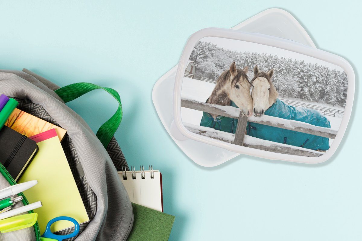 - Kunststoff, und und Decke Erwachsene, für Lunchbox MuchoWow für Mädchen Schnee, (2-tlg), weiß Pferde Kinder Jungs - Brotdose, Brotbox