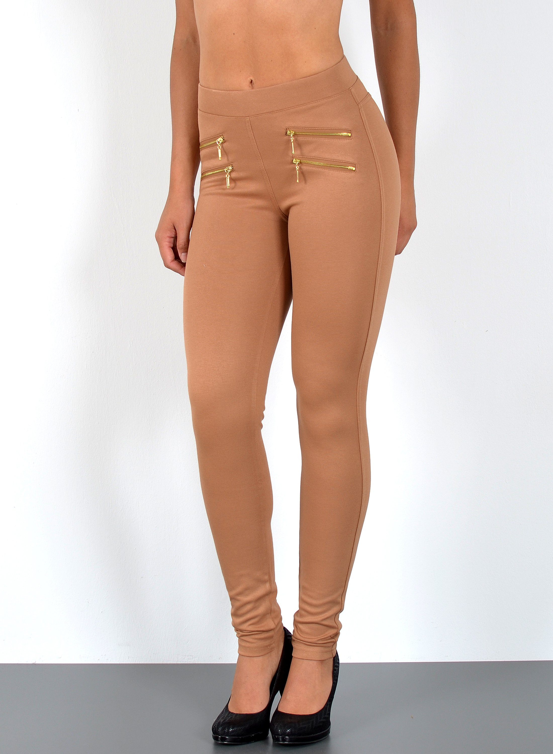 ESRA Stretch-Hose J189 Damen High Waist Skinny Hose mit elastischem Bund, bis Übergröße / Plussize, Sehr enge Damen Treggings Hose mit Gummi-Bund und Stretch Hoch-Bund, bis Große Größen, Damen Stretch-Hose hohe Leibhöhe Hellbraun