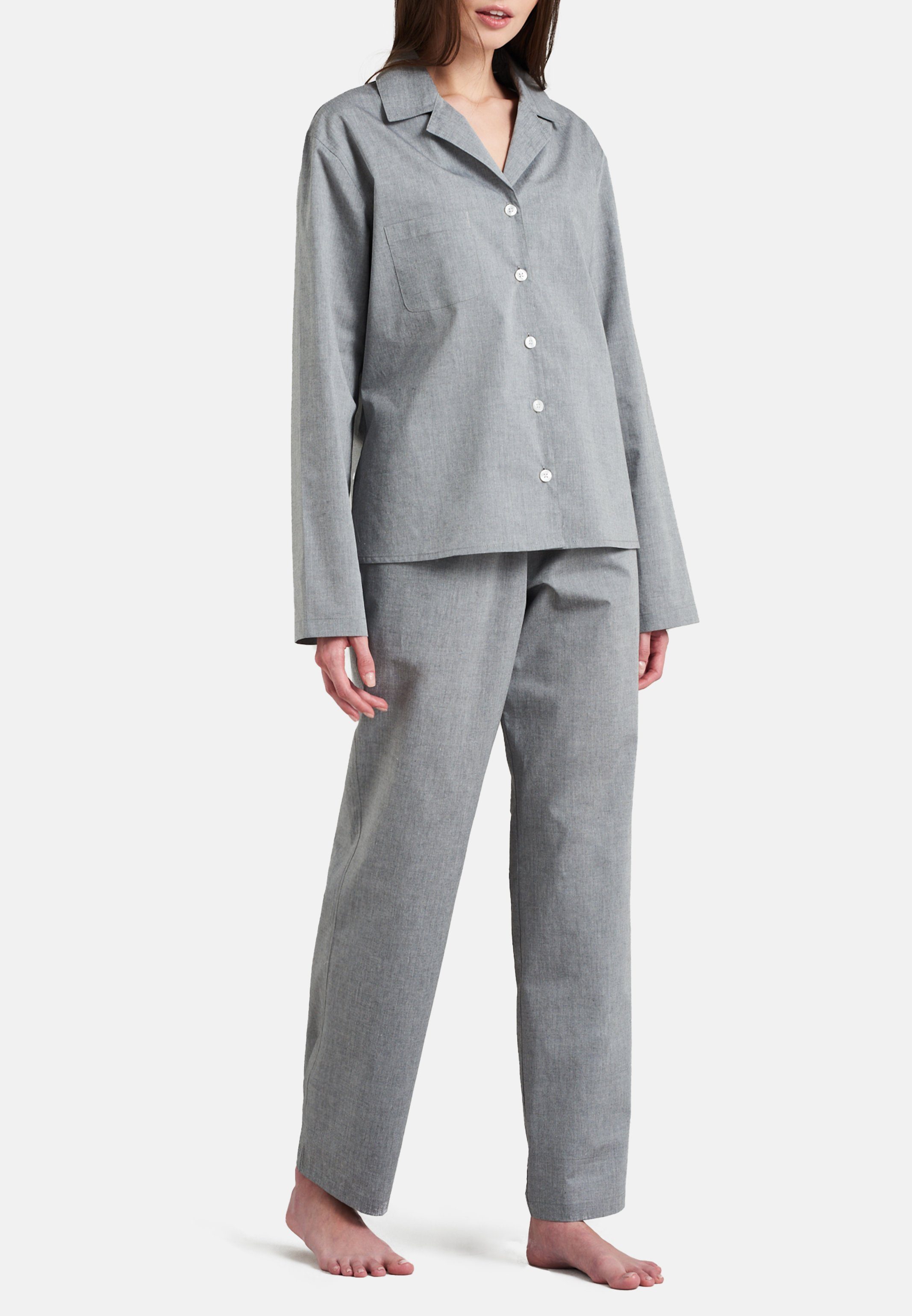 (Set, Chambray Pyjama durchgehender mit 2 Baumwolle tlg) - Oberteil seidensticker Pyjama lang - Knopfleiste