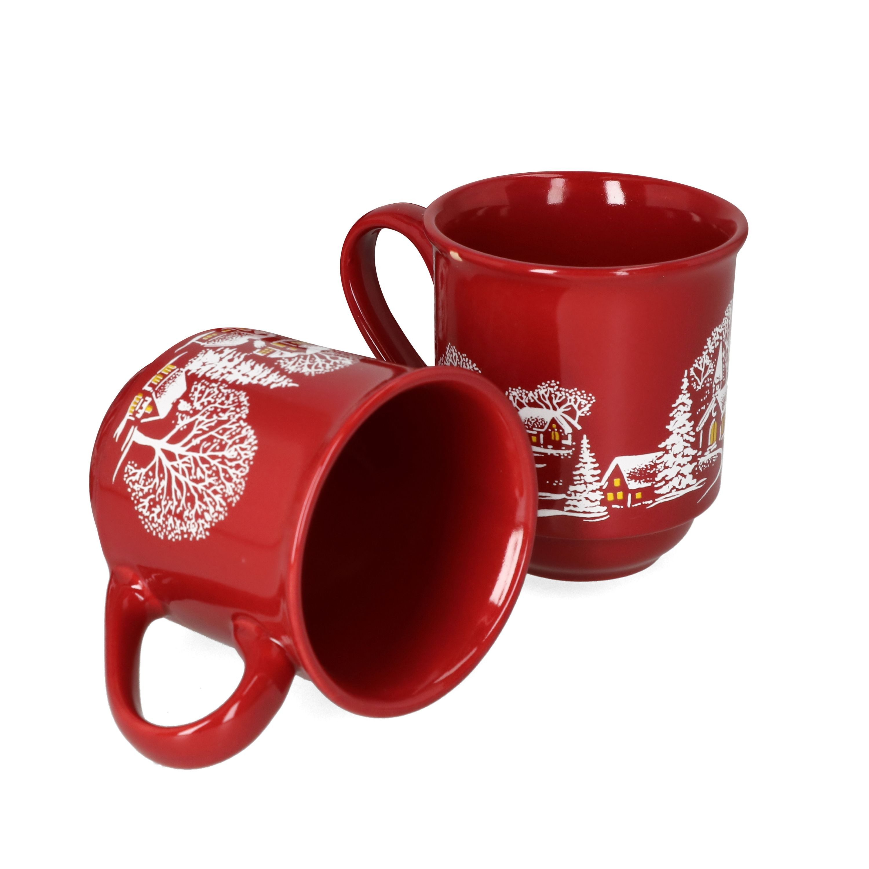 MamboCat Tasse 6er Set Glühweinbecher in dunkelrot Weihnachtslandschaft 0,2L geeicht, Porzellan, Weihnachtsgeschirr, Weihnachten, Weihnachtsmarkt, Punsch
