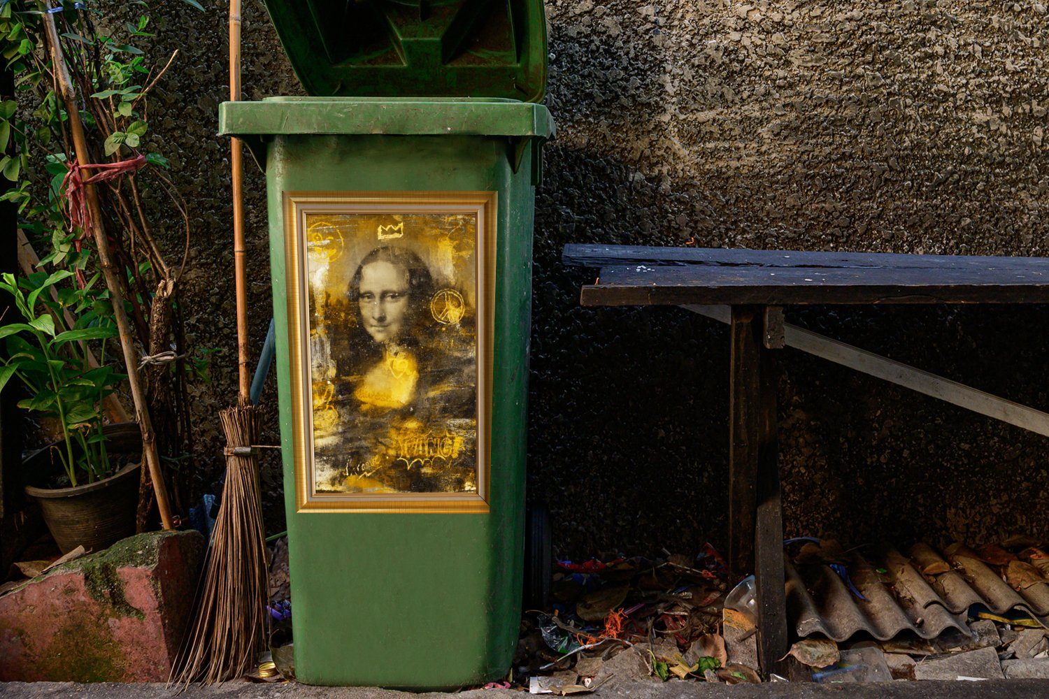 Da Wandsticker Mona Vinci Lisa - Mülleimer-aufkleber, (1 Container, - - Sticker, Liste Gold Abfalbehälter Mülltonne, St), MuchoWow