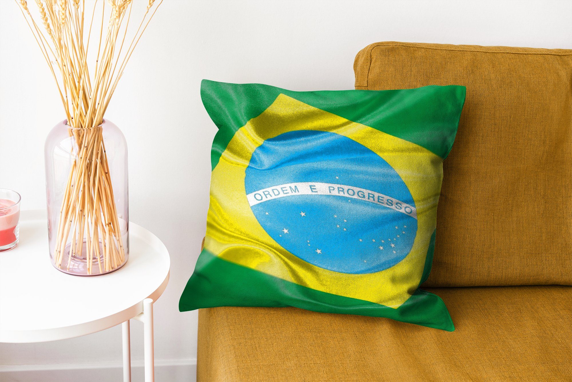 für Wohzimmer, Nahaufnahme MuchoWow von der Sofakissen Schlafzimmer, Deko, Flagge Zierkissen Dekokissen mit Brasilien, Füllung