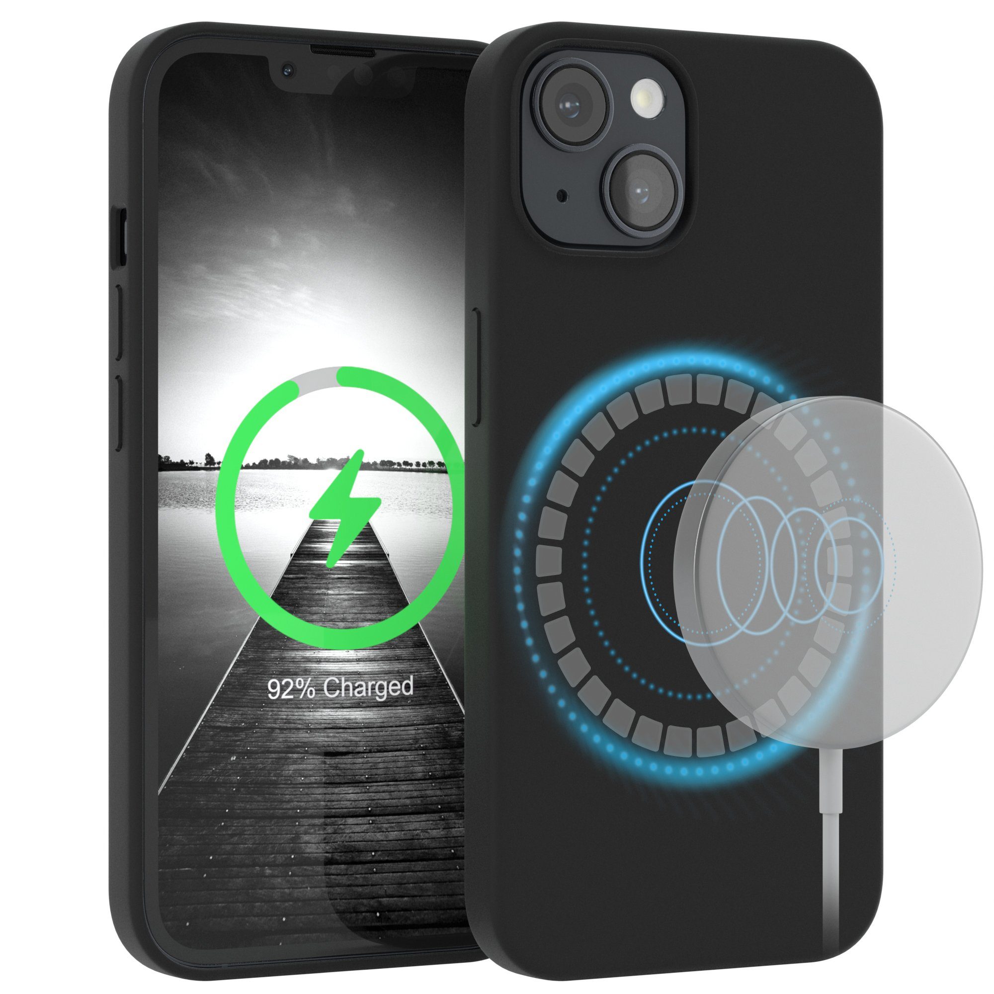 EAZY CASE Handyhülle Silikonhülle mit MagSafe für Apple iPhone 14 6,1 Zoll, Cover kompatibel mit Qi Magsafe Bumper Silicon Case kratzfest Schwarz