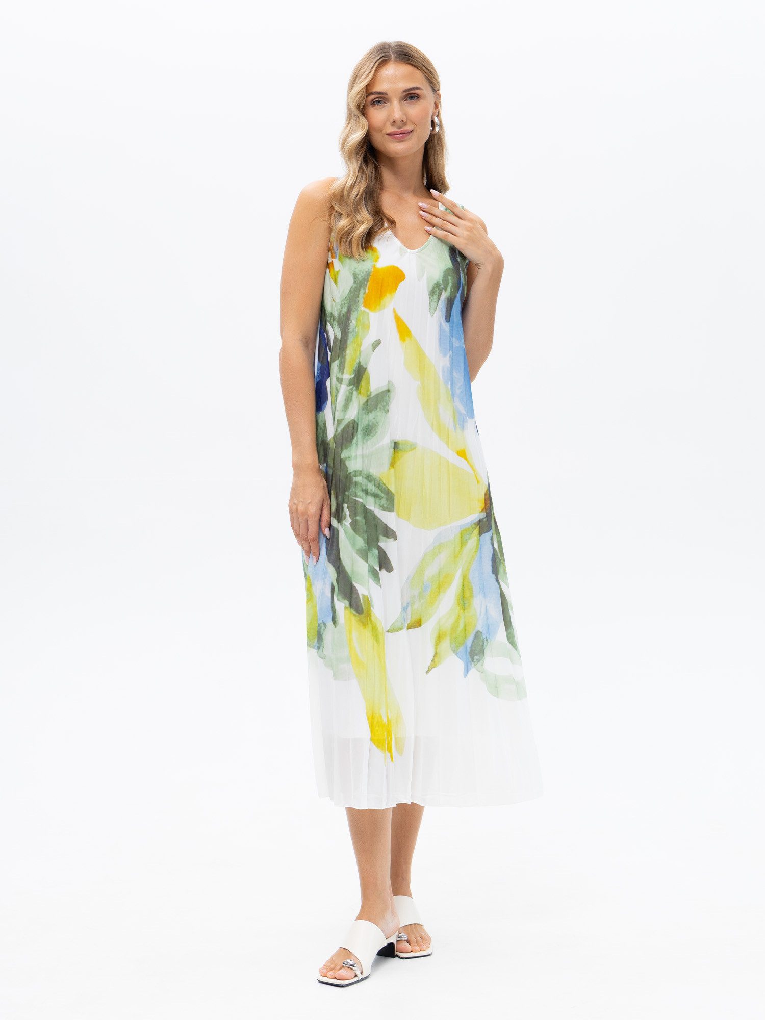 Passioni Plisseekleid mit Floralprint Weißes Maxikleid mit Plissé