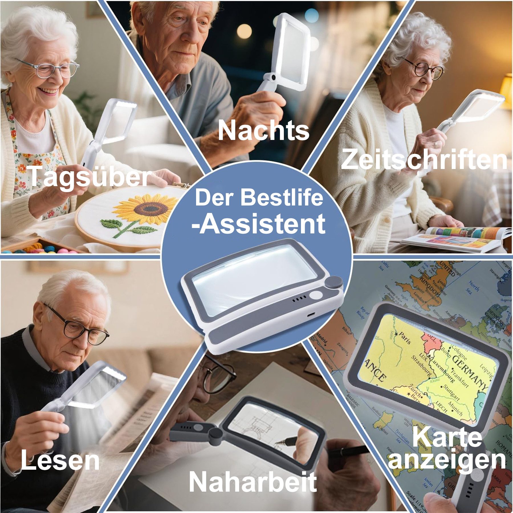 Senmudi Handlupe 4X Lupe mit LED Licht,Faltbare Leselupe Groß,3-stufige Lichtregelung, Handlupe, Rechteckige Ganzseiten-Lupe mit 10 LED-Lichtern, Lupe für Senioren,Buchliebhaber, Sehbehinderte, Lesehilfe für Senioren, Hohe Auflösung, große Größe, Beleuchtungsfunktion, tragbares Design