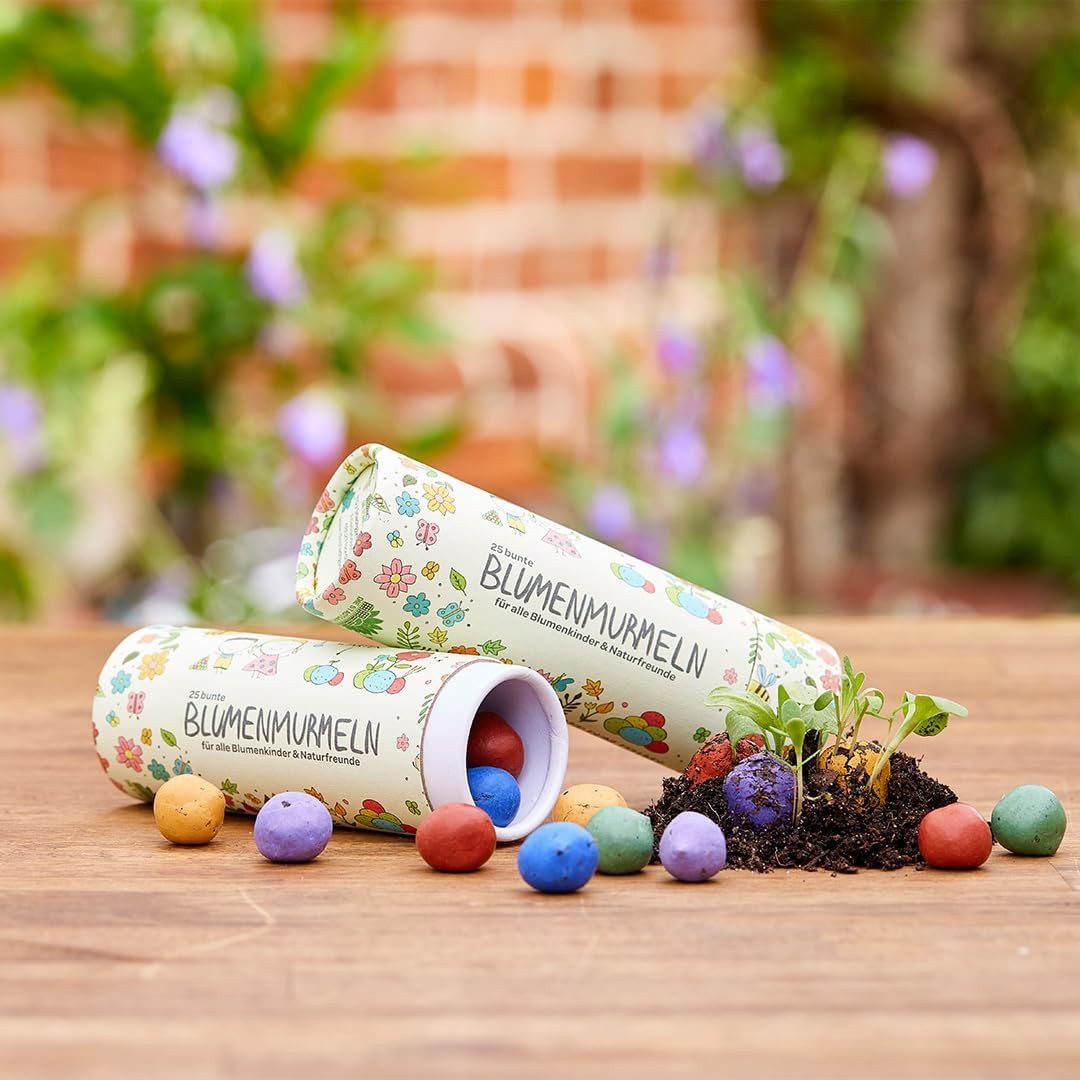 Die Stadtgärtner Lernspielzeug 25 handgemachte & kunterbunte Blumenmurmeln, 20 Arten Blumen-Saatgut