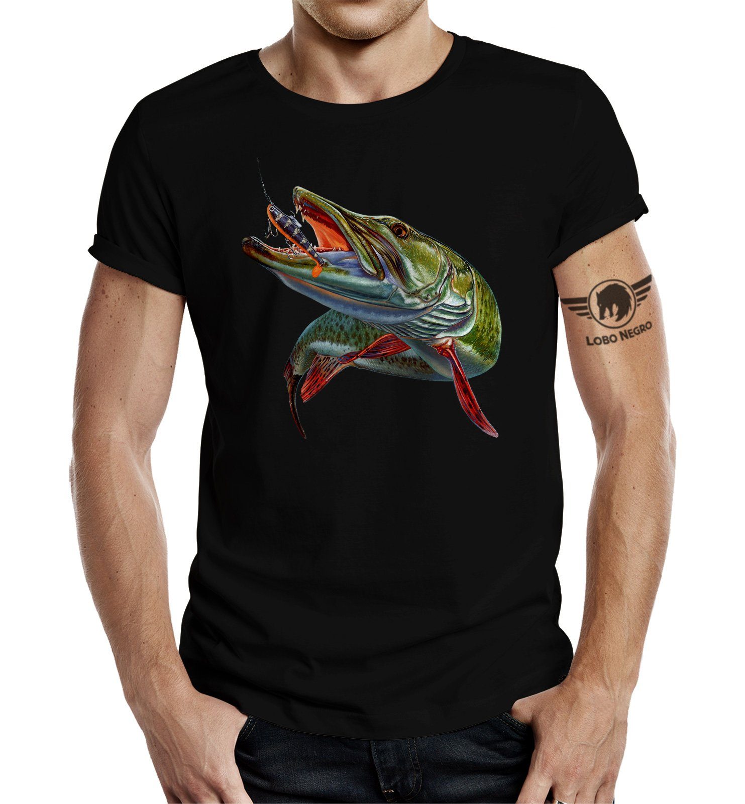 LOBO NEGRO® T-Shirt als Geschenk für Angler und Fischer: Hecht Color