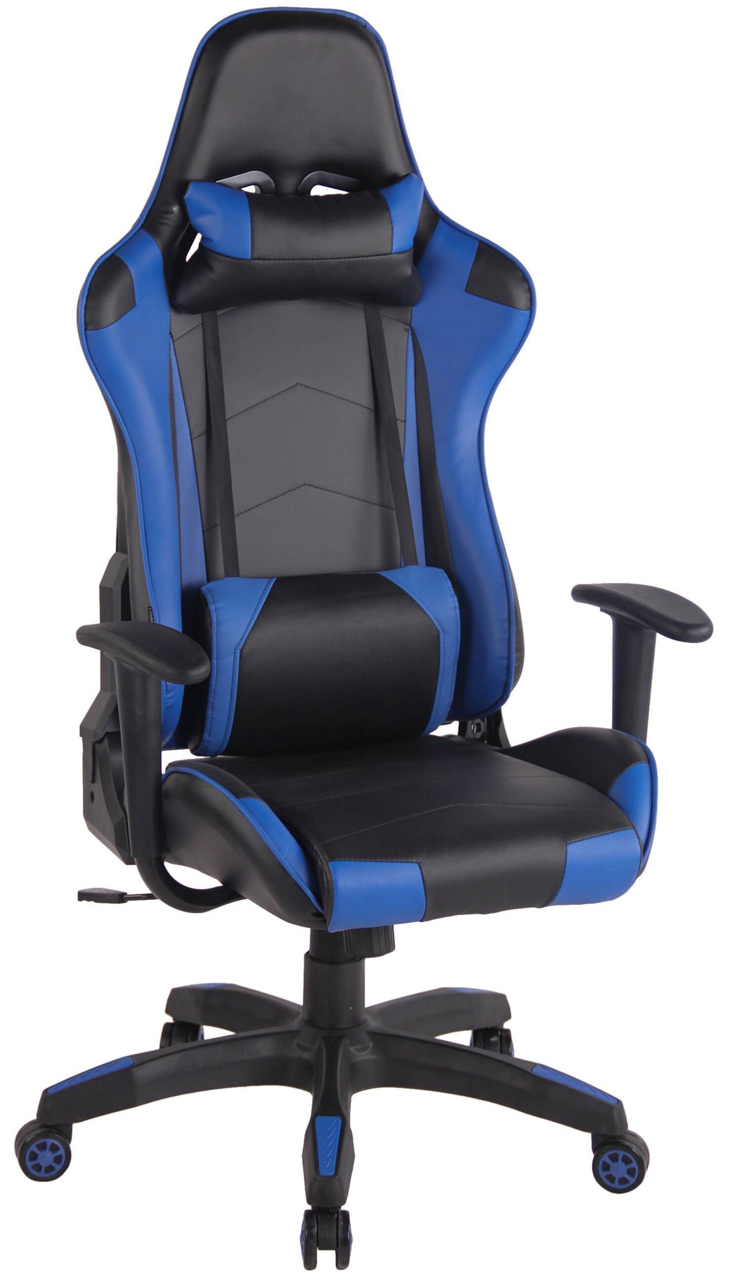TPFLiving Gaming-Stuhl Mirage mit bequemer Rückenlehne - höhenverstellbar und 360° drehbar (Schreibtischstuhl, Drehstuhl, Gamingstuhl, Racingstuhl, Chefsessel), Gestell: Kunststoff schwarz - Sitzfläche: Kunstleder schwarz/blau