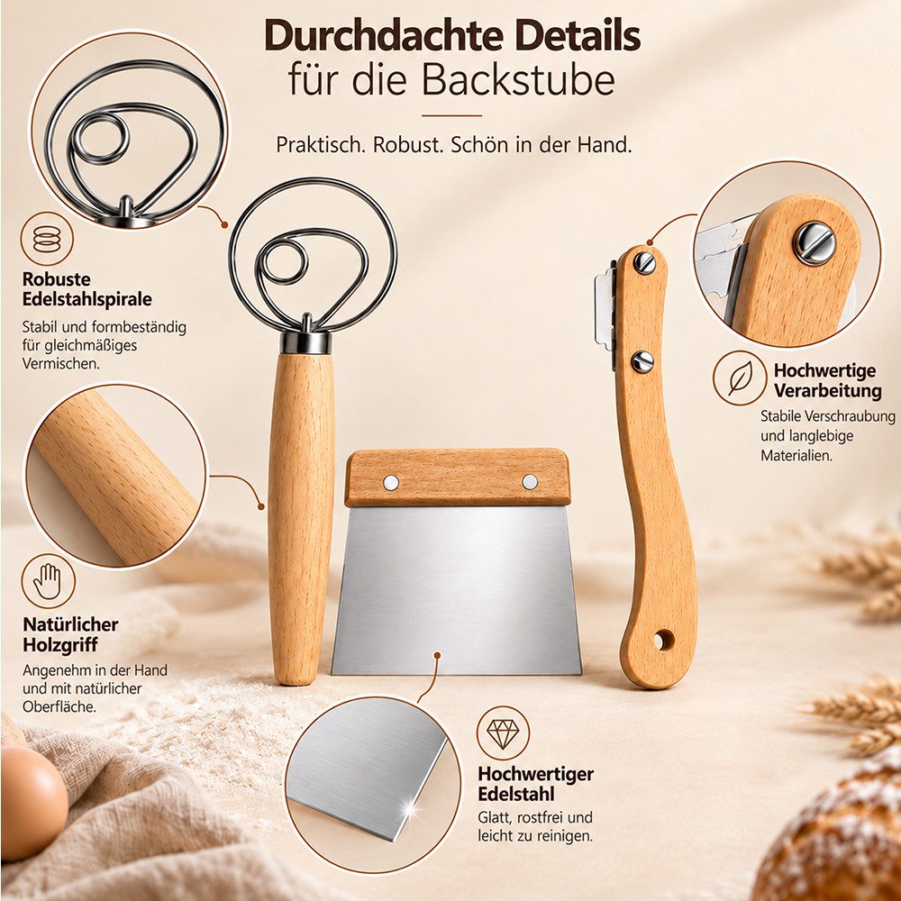 PFCTART Teigspachtel Dänisches Teigknetset, Teigkarte & Teigmesser, 3-teilig, 33 cm, Dänischer Schneebesen, Brot backen Zubehör, Sauerteig, Brotbackset – Bild 3 von 5