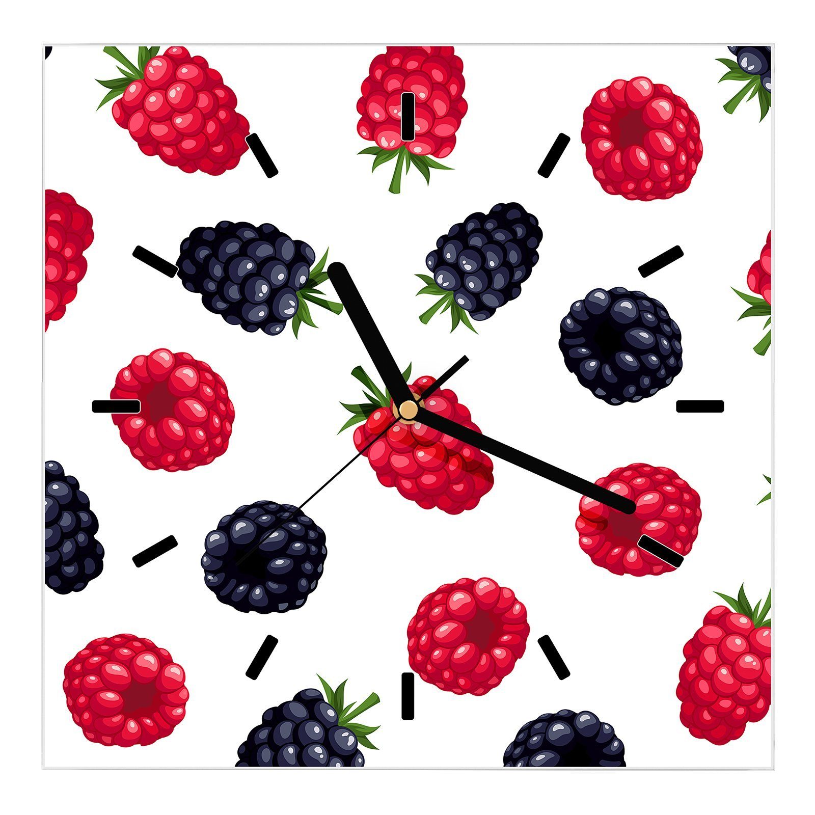 Primedeco Wanduhr Glasuhr Wanduhr Wandkunst Größe 30 x 30 cm mit Motiv Brombeeren und Himbeeren