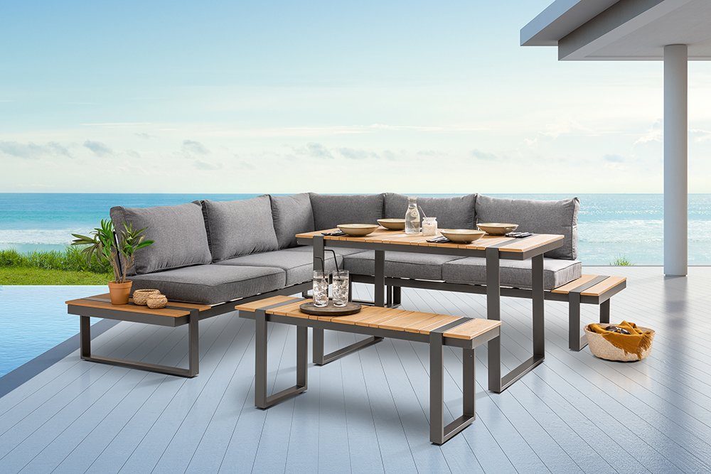 riess-ambiente Sitzgruppe TAMPA LOUNGE 240cm grau / natur, (Set, 3-tlg), Gartenmöbel-Sets · wetterfest · Lounge · inkl. Sitzbank Tisch Kissen