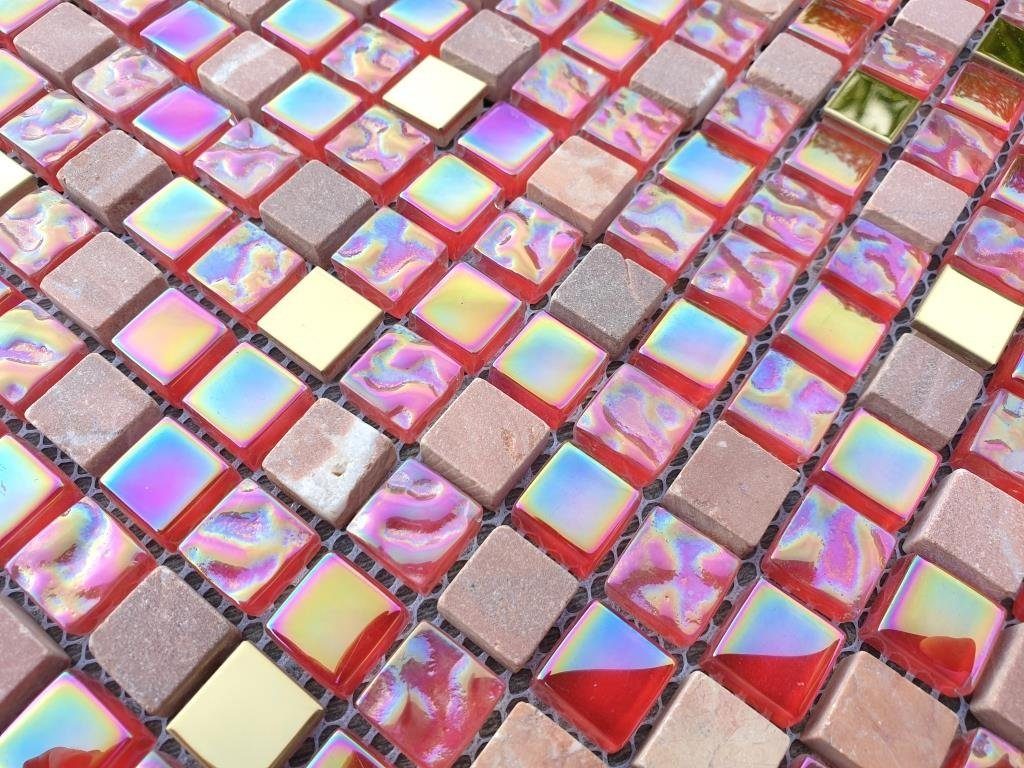 Mosani Mosaikfliesen Mosaik Fliese Transluzent rot rosa gold
