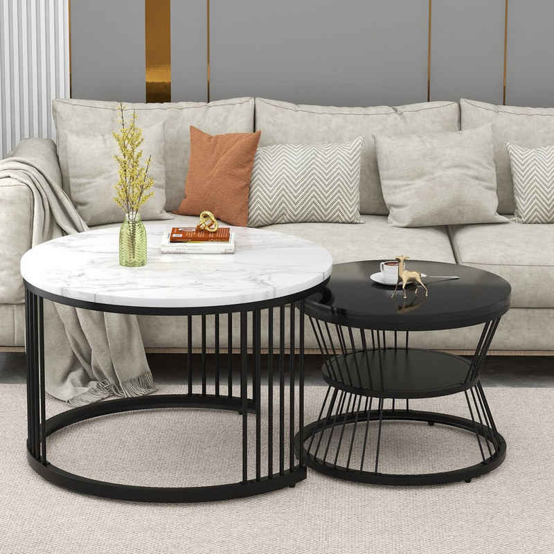 OKWISH Couchtisch und 2er Set, Beistelltisch (Couchtisch Satz Marmor Furnier Sofa Seite Nest von Столыn Runde Endtische), Satz von 2, Schwarz Farbe Frame